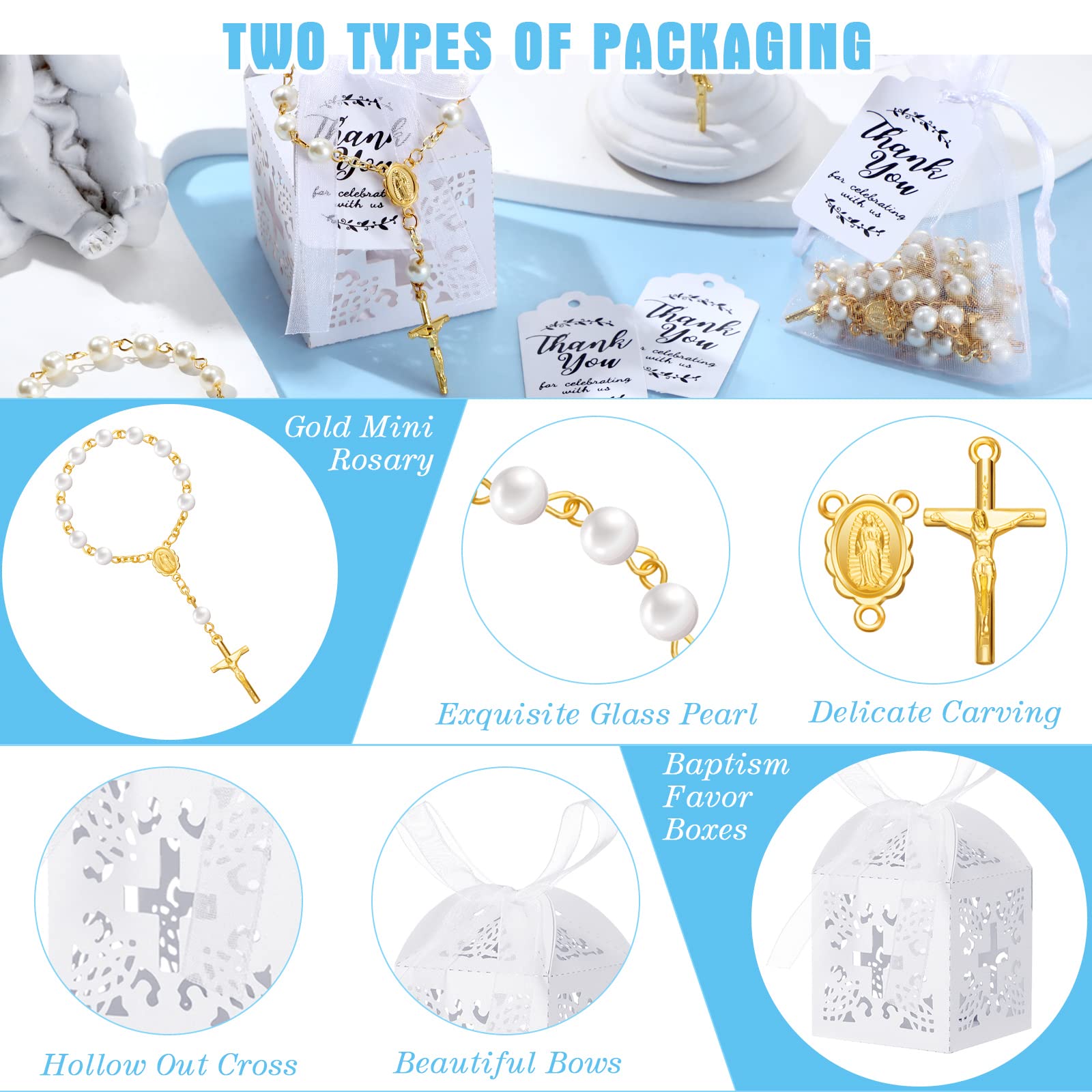 Yinkin Lot de 100 chapelets de baptême comprenant un mini chapelet, des boîtes à dragées en forme de croix, des sacs cadeaux en organza et des étiquettes de remerciement, cadeaux de retour d'invités