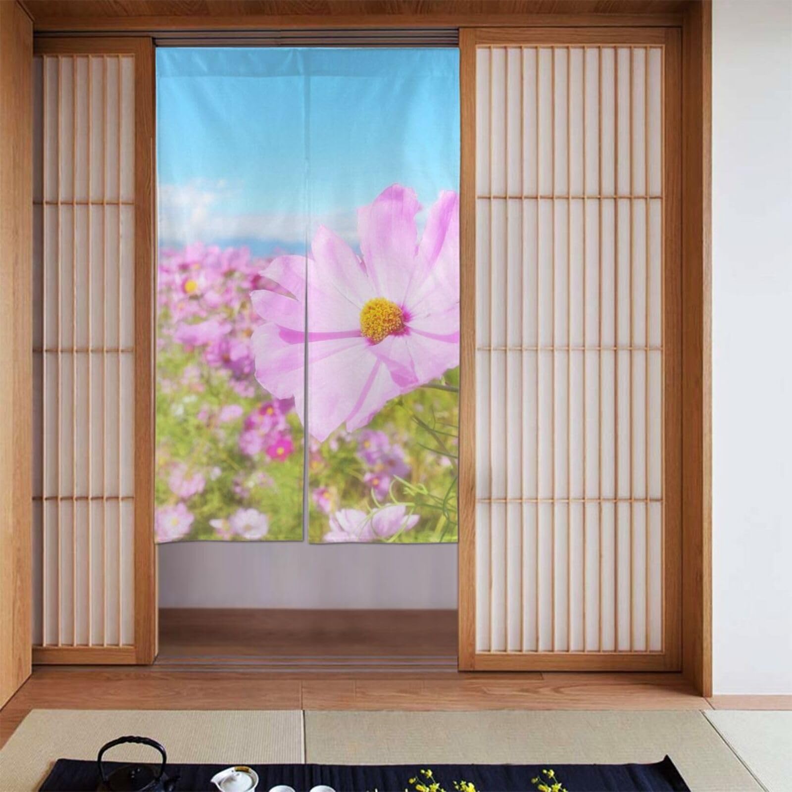 Amazon｜青空とピンク色のコスモス畑 のれん 目隠し 暖簾 部屋間仕切り