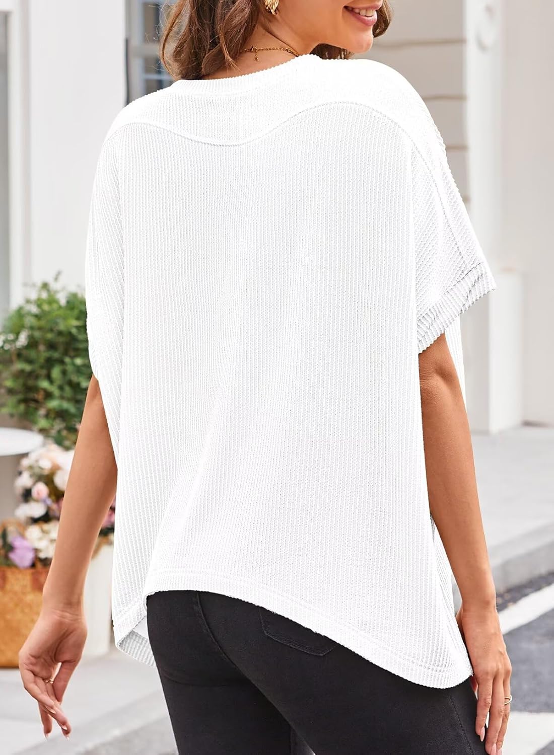 Womens Tops Crewneck Batwing Short Sleeve Shirts Ribbed Striped Casual Tee Women Oversized Loose Fit Trendy T-Shirts - Image 5