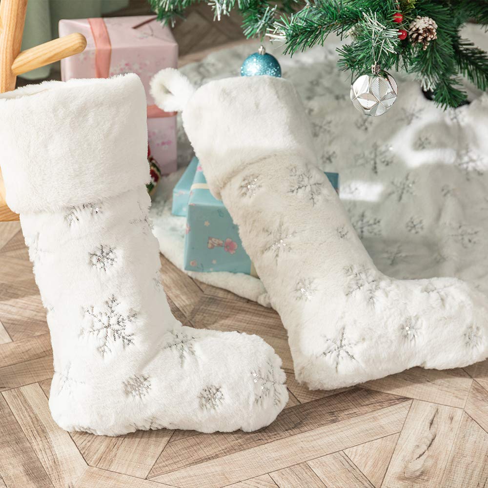 Plush Christmas Stockings White Fur 2 Pcs 22 inches Large Silver Snowflake Sequin Embroidered Stockings for Family Holiday Xmas Party Decorations