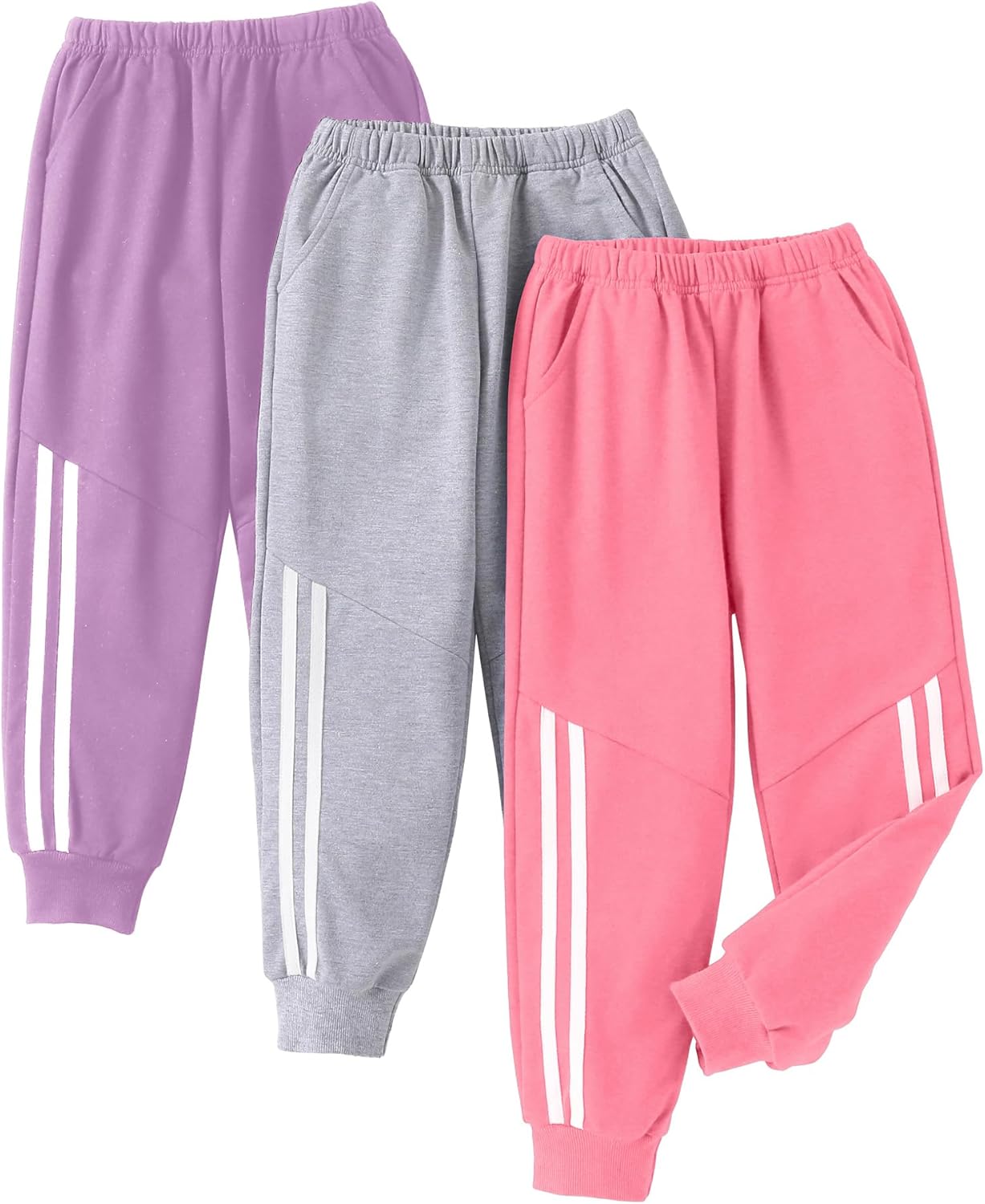 Girls' 3 Pack Sweatpants Kids Cotton Elastic Waisted Joggers Athletic Pants with Pockets 3-14 Years