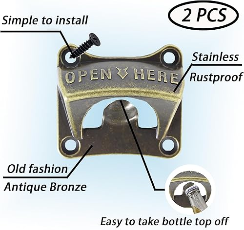 Miniatura 2 de Abridor de botellas montado en la pared, cuadrado, latón, refresco, cerveza, abrebotellas, montable bronce antiguo (paquete de 2)