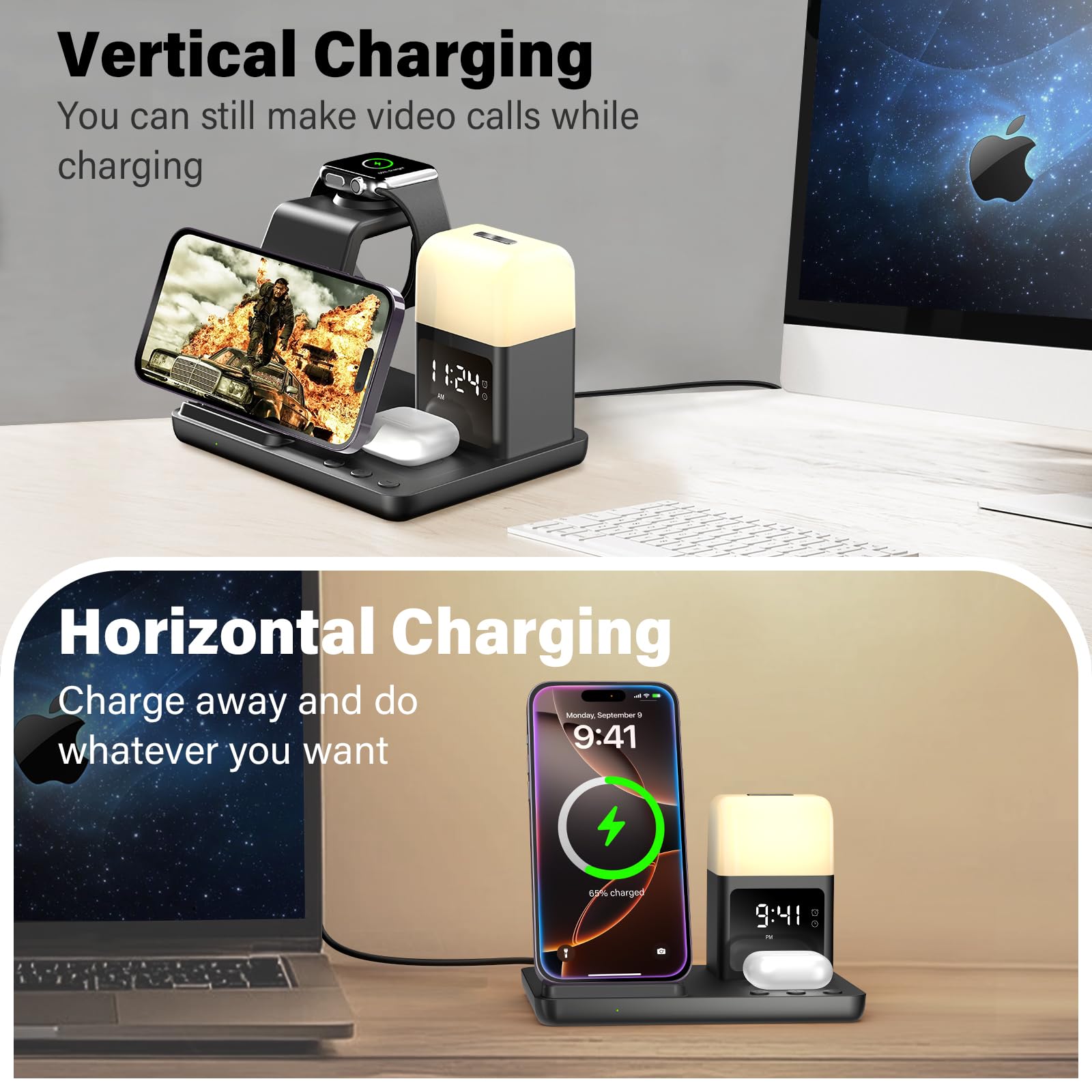 Augnner Caricatore Wireless Con lampada notturna e sveglia,6 In 1 Caricabatterie Wireless Induttiva Compatibile Con iPhone 16 15 14 13 12 11 XS/XR/X/8/8 Plus, Apple Watch, AirPods 4/3/2/Pro