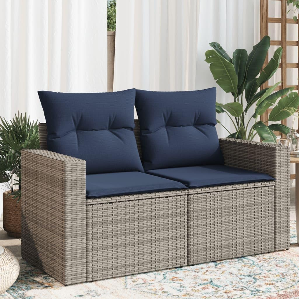 51.6" Gray PE Rattan Patio Loveseat with Navy Cushions Storage Seat Weather-Resistant Outdoor Sofa for Deck Balcony Garden Backyard