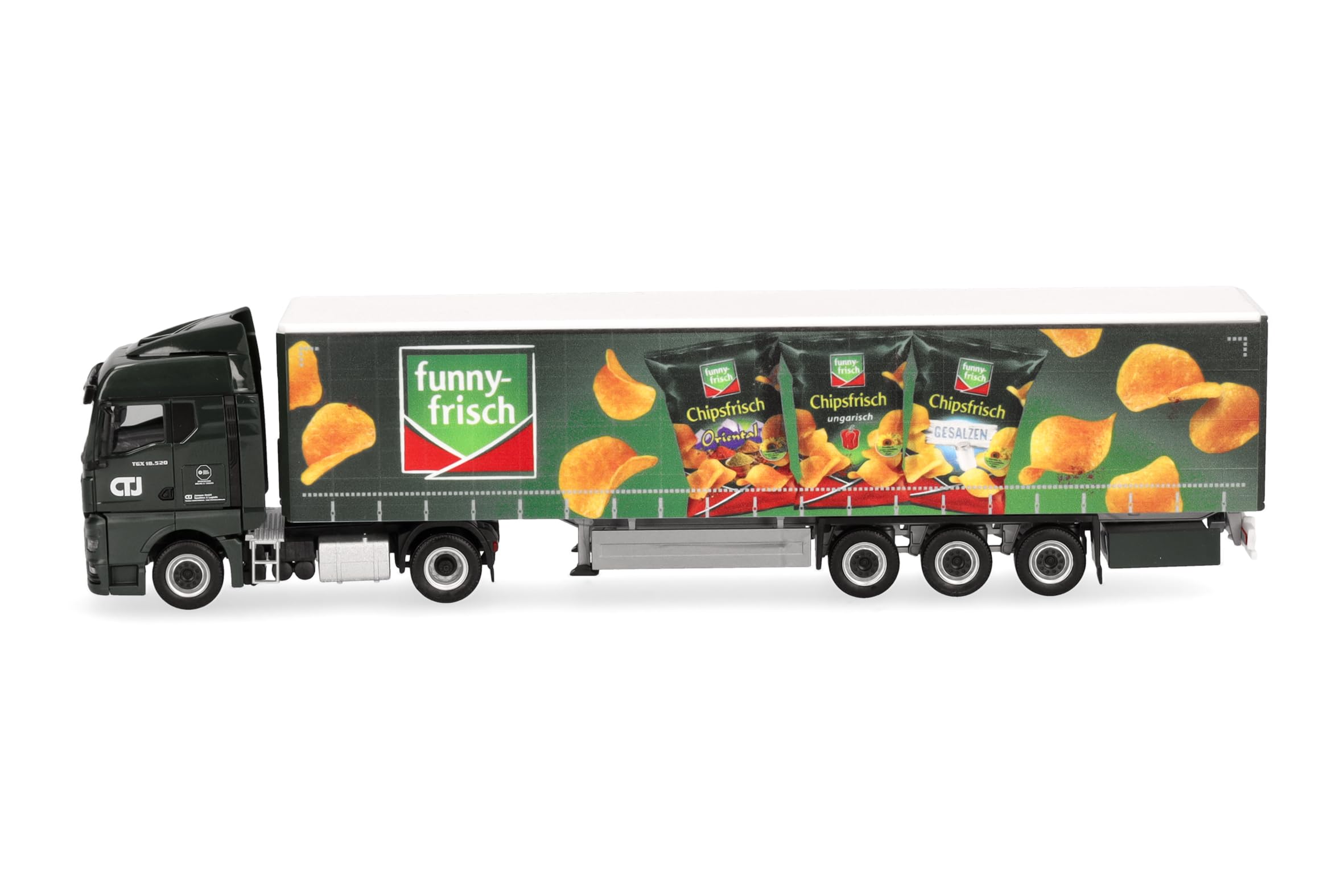 Herpa LKW Modell Man TGX GM Gardinenplanen-Sattelzug CTJ/Funny Frisch (Nordrhein-Westfalen/Dormagen), Miniatur im Maßstab 1:87, Sammlerstück, Made in Germany, Kunststoff, Weiß