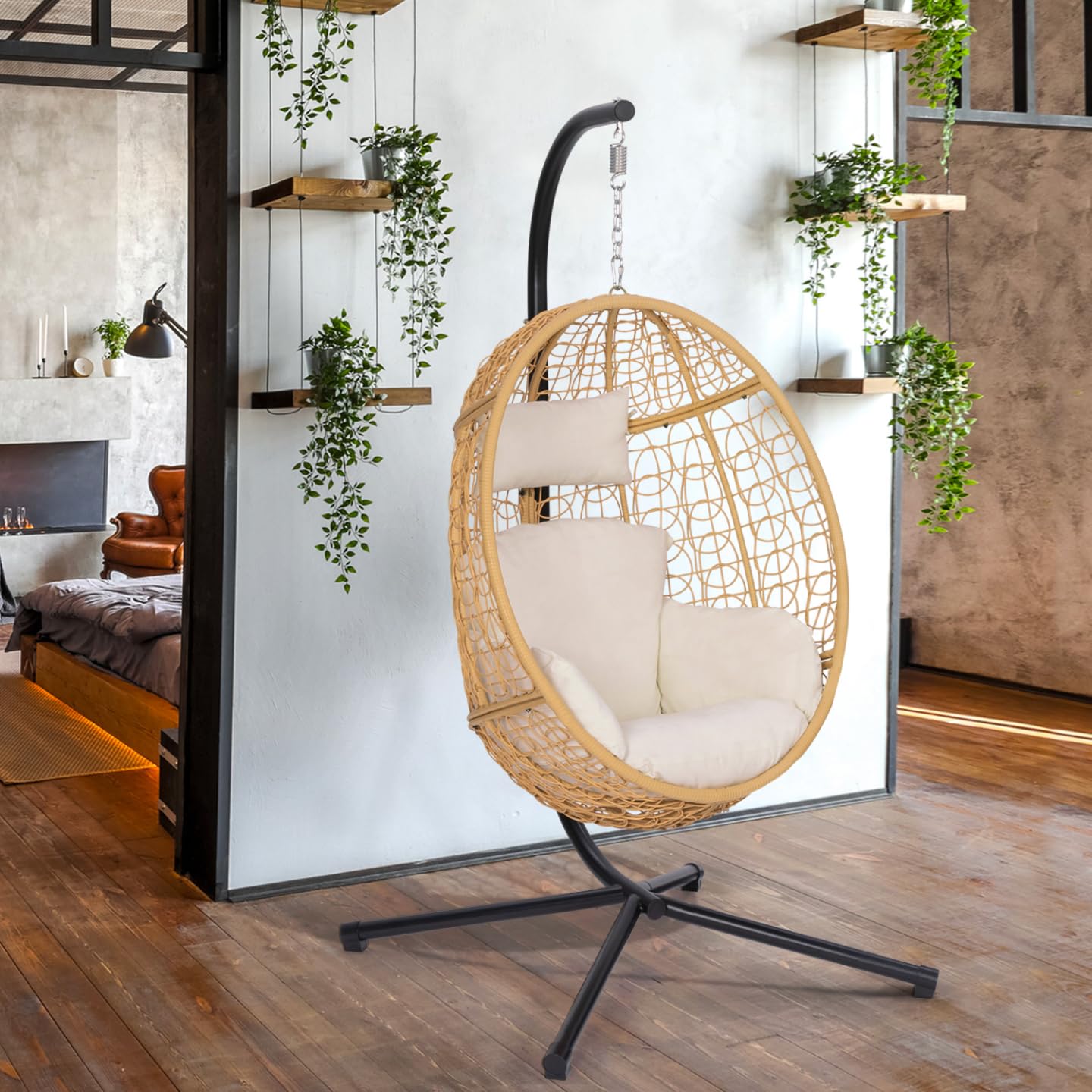 IDMarket - Fauteuil Oeuf Suspendu ajouré Effet rotin avec Coussin écru