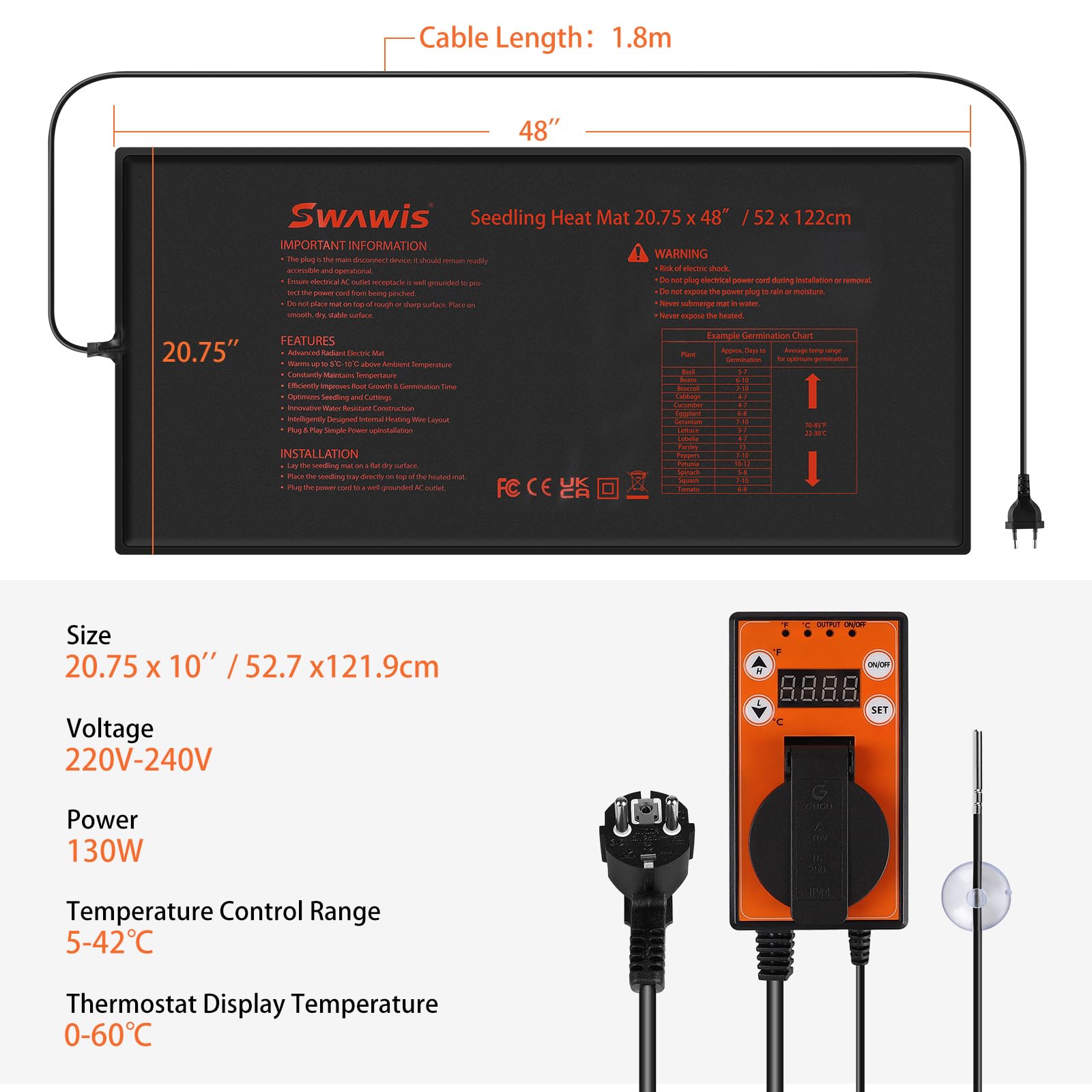 SWAWIS Grzejnik do Roślin 130W, 52,7x121,9 cm, z Oddzielnym Termostatem 5-42°C, IP67, do Szklarni, Ogródków, Terrariów – Z Torbą do Przechowywania