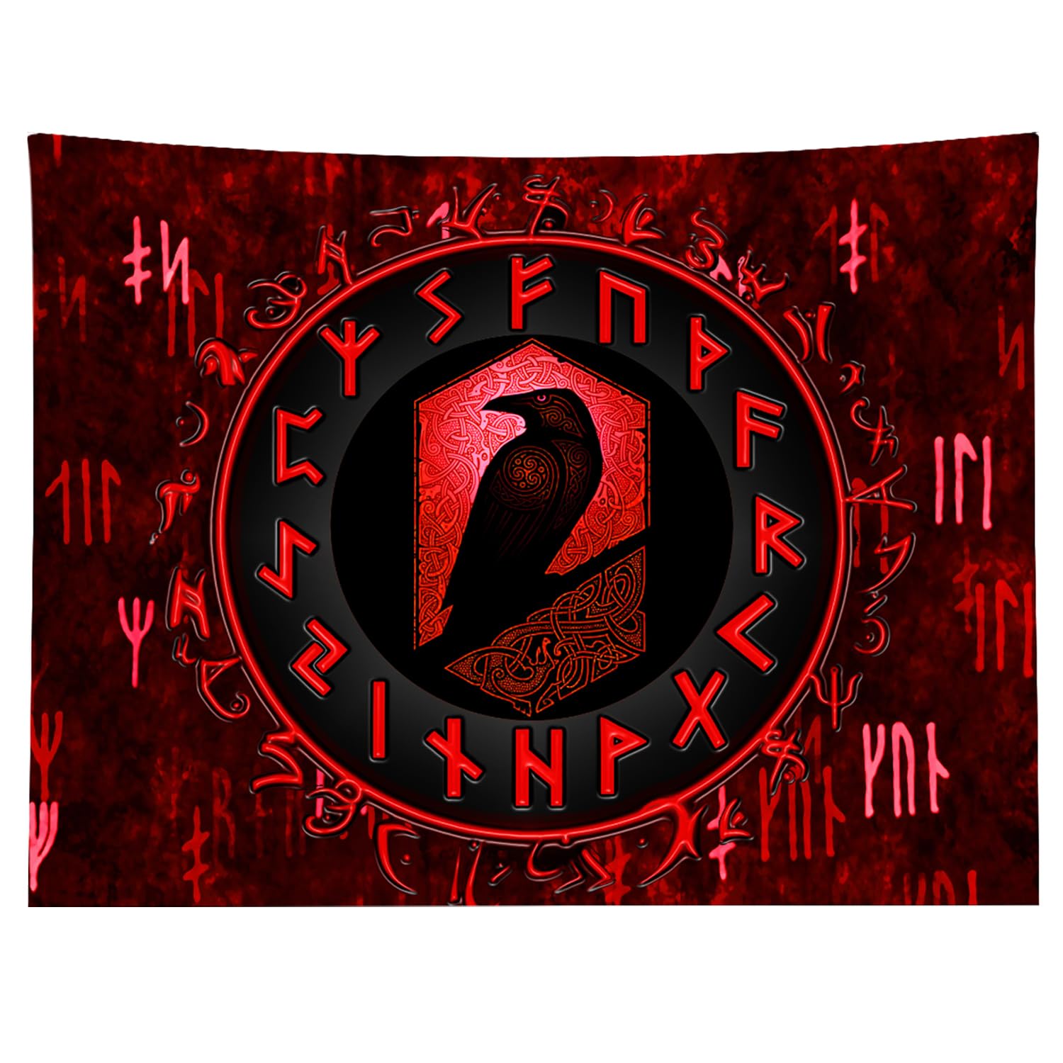 Arsey Nordic Viking Tapestry Wall Hanging Raven Meditation Red Runes Tapestries Decor Bedroom Living Room, 200 x 150 cm