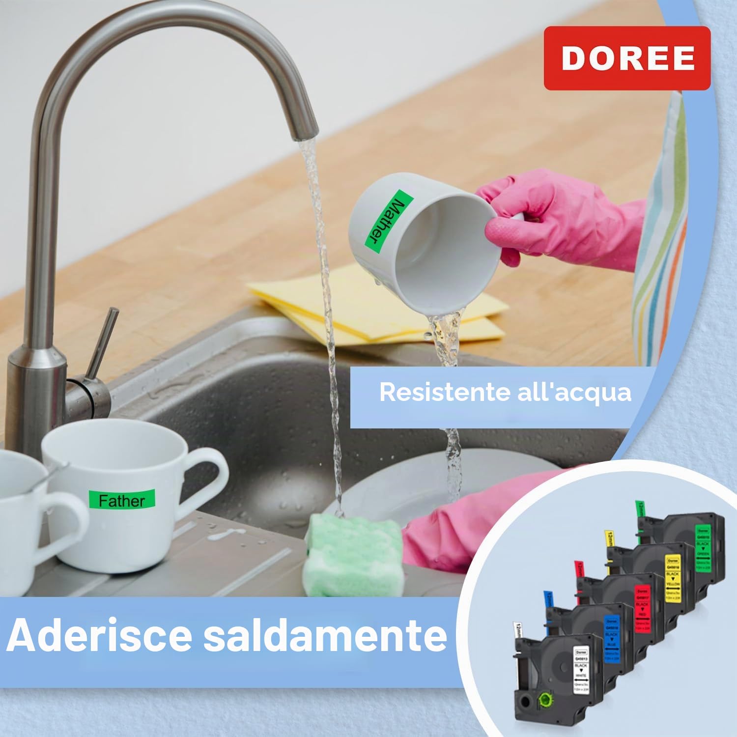 DOREE 5 pezzi D1 nastri etichette 12 mm x 7 m,impermeabili UV, inclusi D1 45013, 45016, 45017, 45018, 45019 bianco/blu/rosso/giallo/verde, compatibili con Dymo LabelManager 160, 210D, 280, 350, 360D.