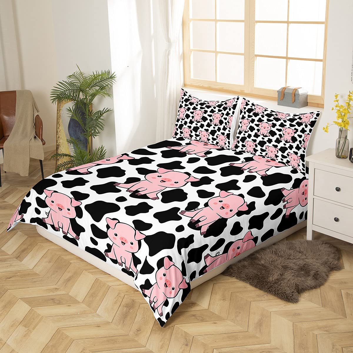Funda de edredón de cerdo rosa para niños, ropa de cama y lino de color negro, blanco y negro, juego de cama de vaca para niños y niñas, dibujos animados granja animales ropa de cama y lino ultra sua