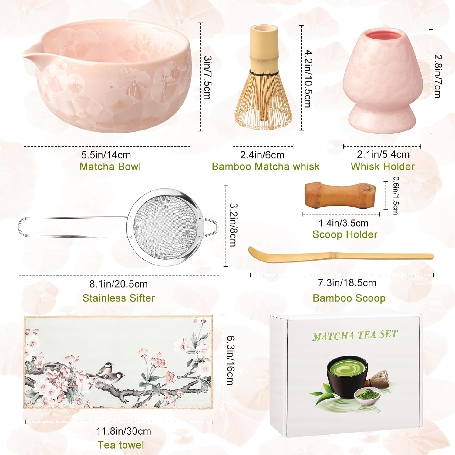 Matcha Whisk Set 7 PCs Ceramic Japanese Matcha Bowl Kit Includes Matcha Bowl, Matcha Whisk and Holder, Bamboo Scoop, Scoop Rest, Sifter, Tea Towel - Traditional Matcha Starter Set for Matcha Lovers - Image 7