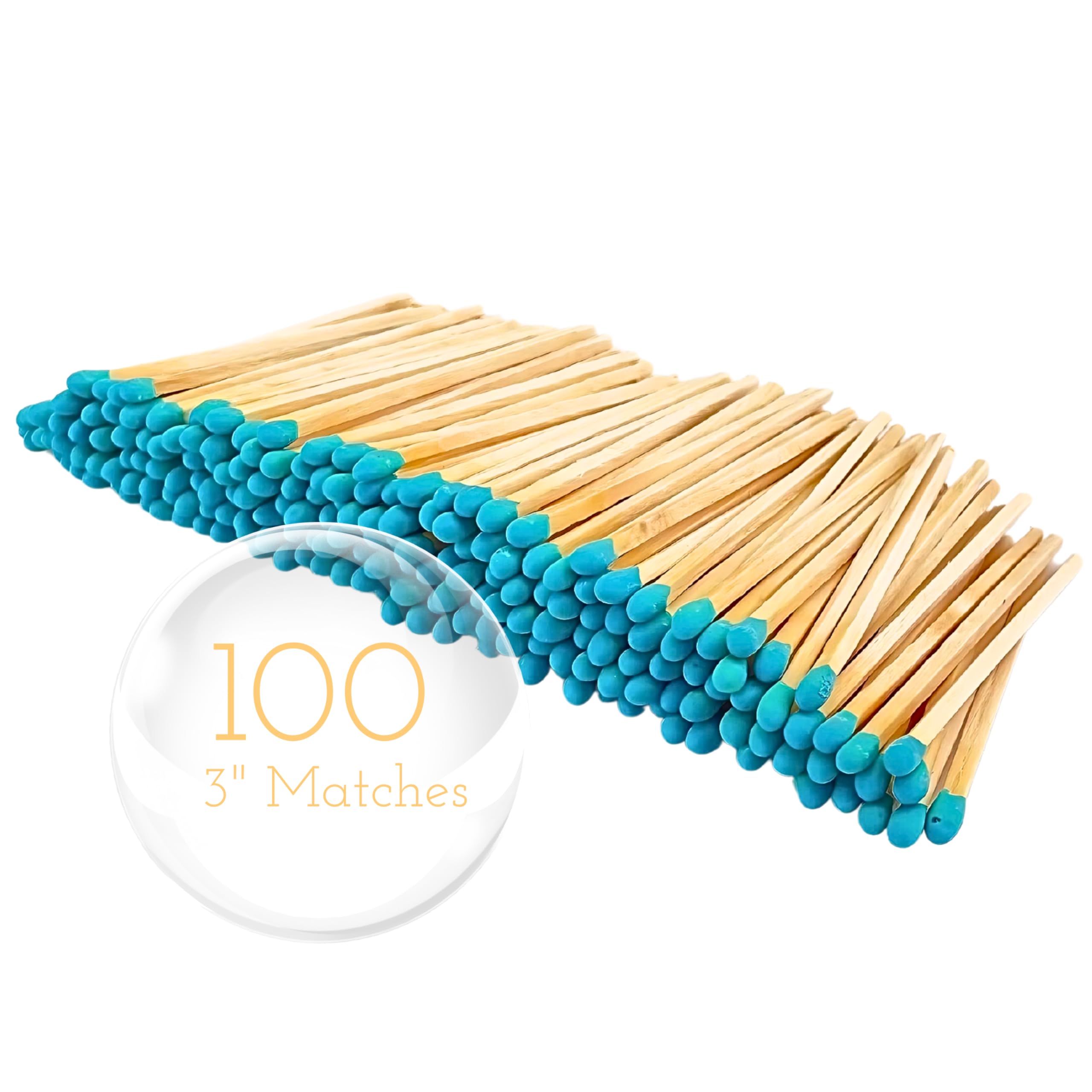 100 Count - 3" Long Teal Color Matches | Three Inch Coloful Loose Wooden Safety Match Sticks for Candle Display | Refill Decorative Jar Holder Bottle | Striker Included