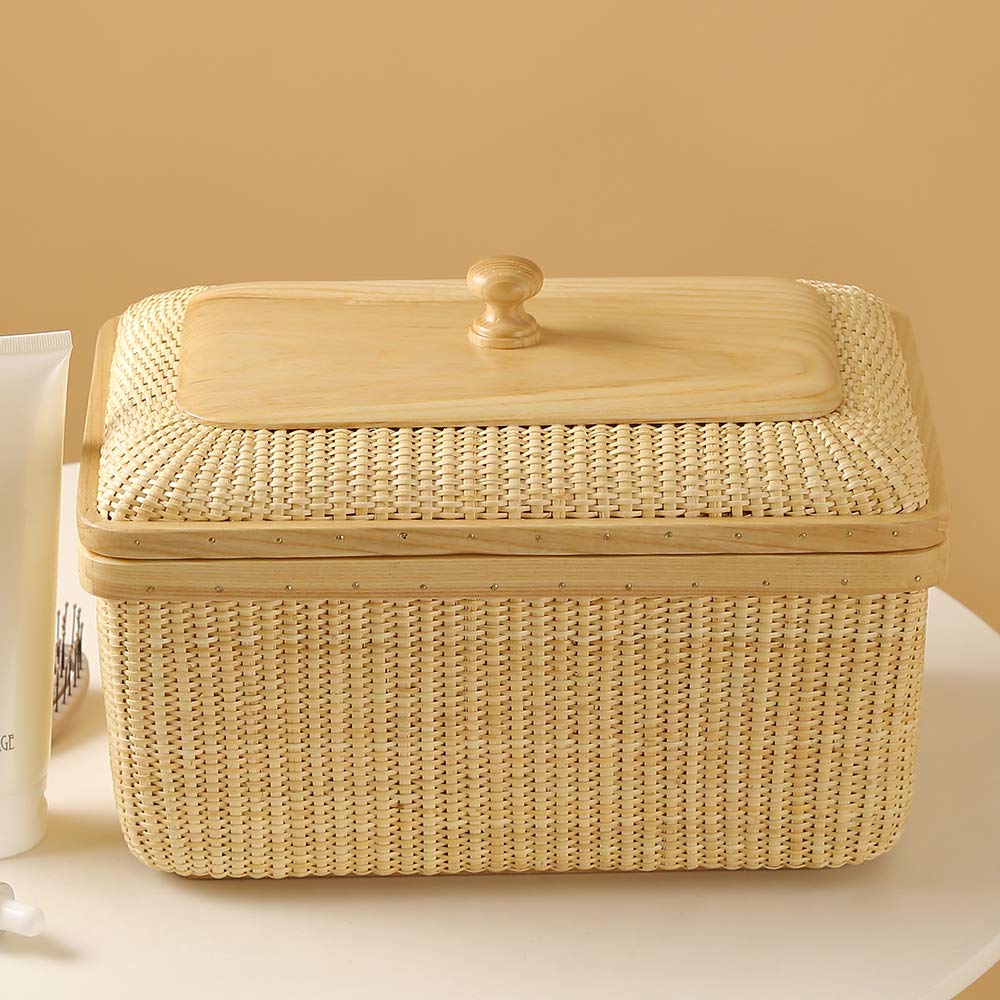Teng TianCovered Rattan and Solid Wood Home Living Room Decorations Modern Storage Basket Square Jewelry Box Fruit Basket Dining Table Storage Basket Weave