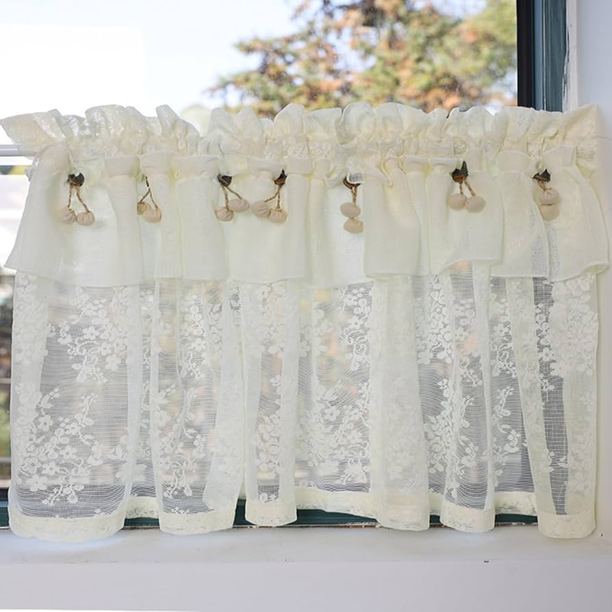 Amazon｜カフェカーテン ポンポン付き 刺繍レース レース