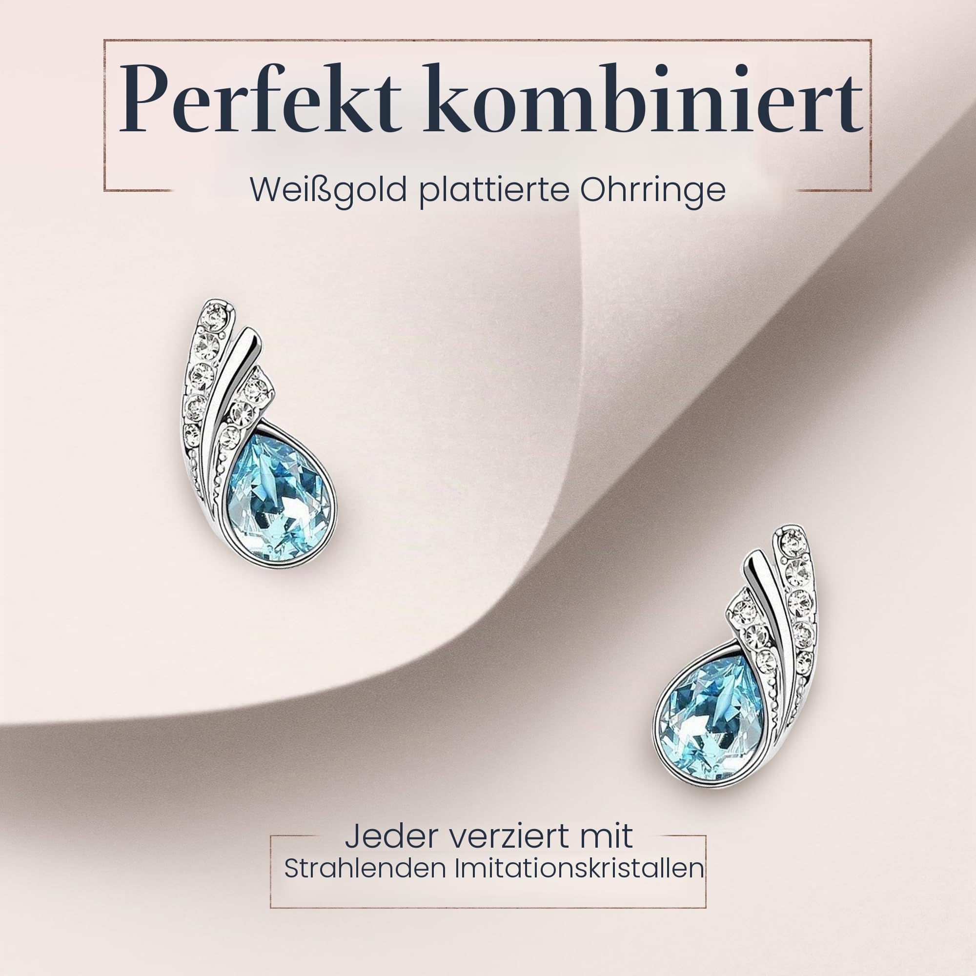 Crystalline Azuria Tropfenform Kristalle Blau Simulierter Aquamarin Schmuck-Set Halskette Anhänger 45 cm Ohrringe 18 kt Weiß Vergoldet