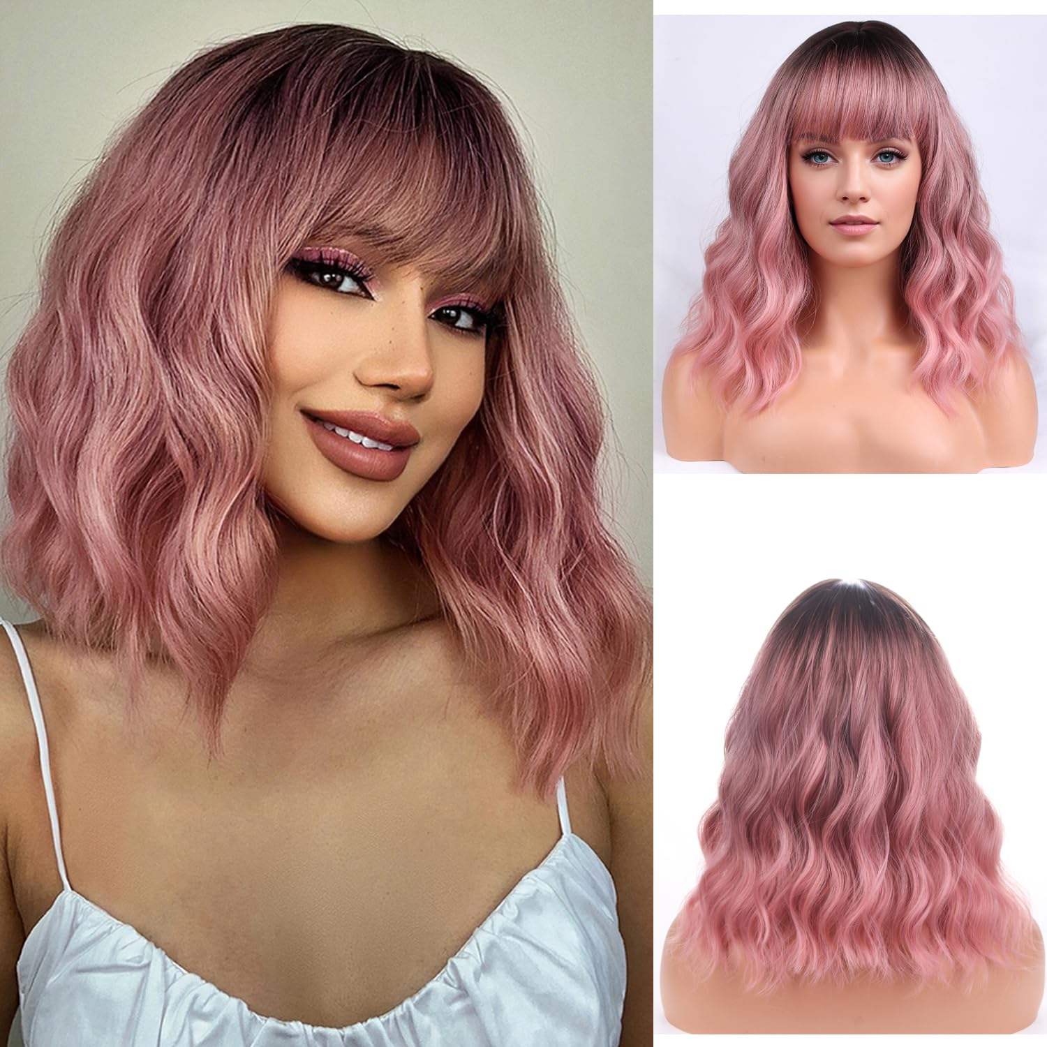 PATTNIUM Ombre Pink Wig with Bangs for Women Shoulder Length Short Wavy Curly Pink Bob Wigs 12'' Heat Resistant Synthetic Wig (Ombre Pink)