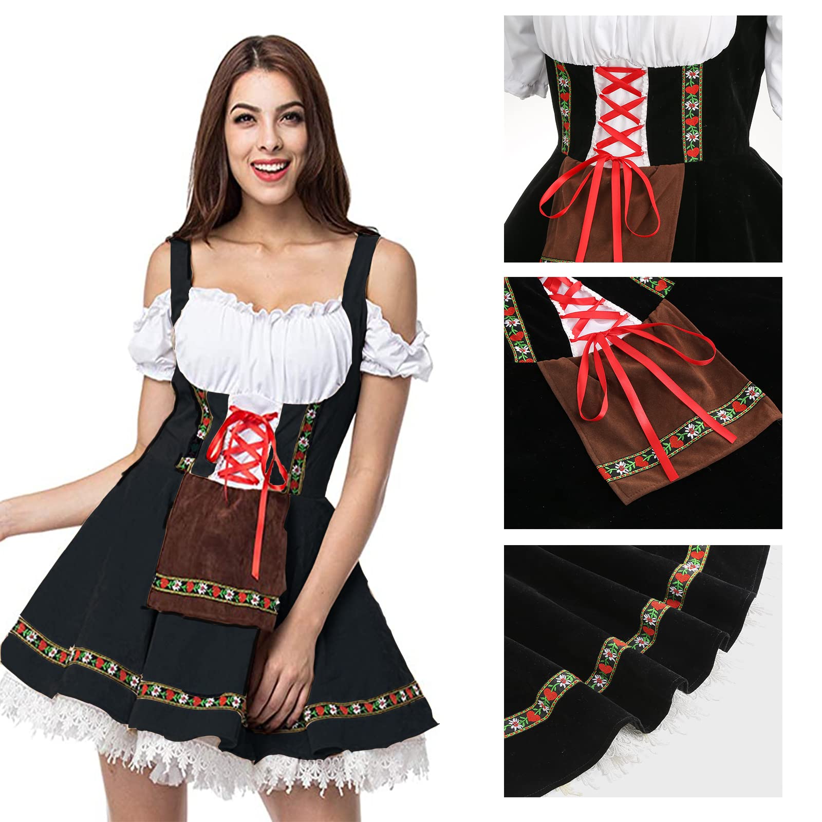 maxToonrain Oktoberfest Outfit Female,Women's German Beer Bavarnian Traditional Short Sleeve Off Shoulders Halloween Costume Fancy Maid Dress for Womens(Black XL) - Image 4