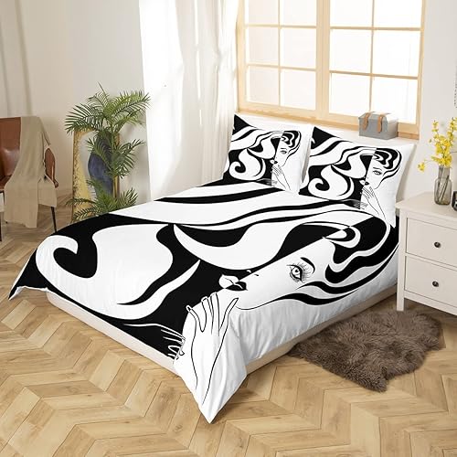 Miniatura 3 de Erosebridal Juego de ropa de cama de arte abstracto, funda de edredón en blanco y negro, funda de edredón geométrica a rayas, tamaño individual,
