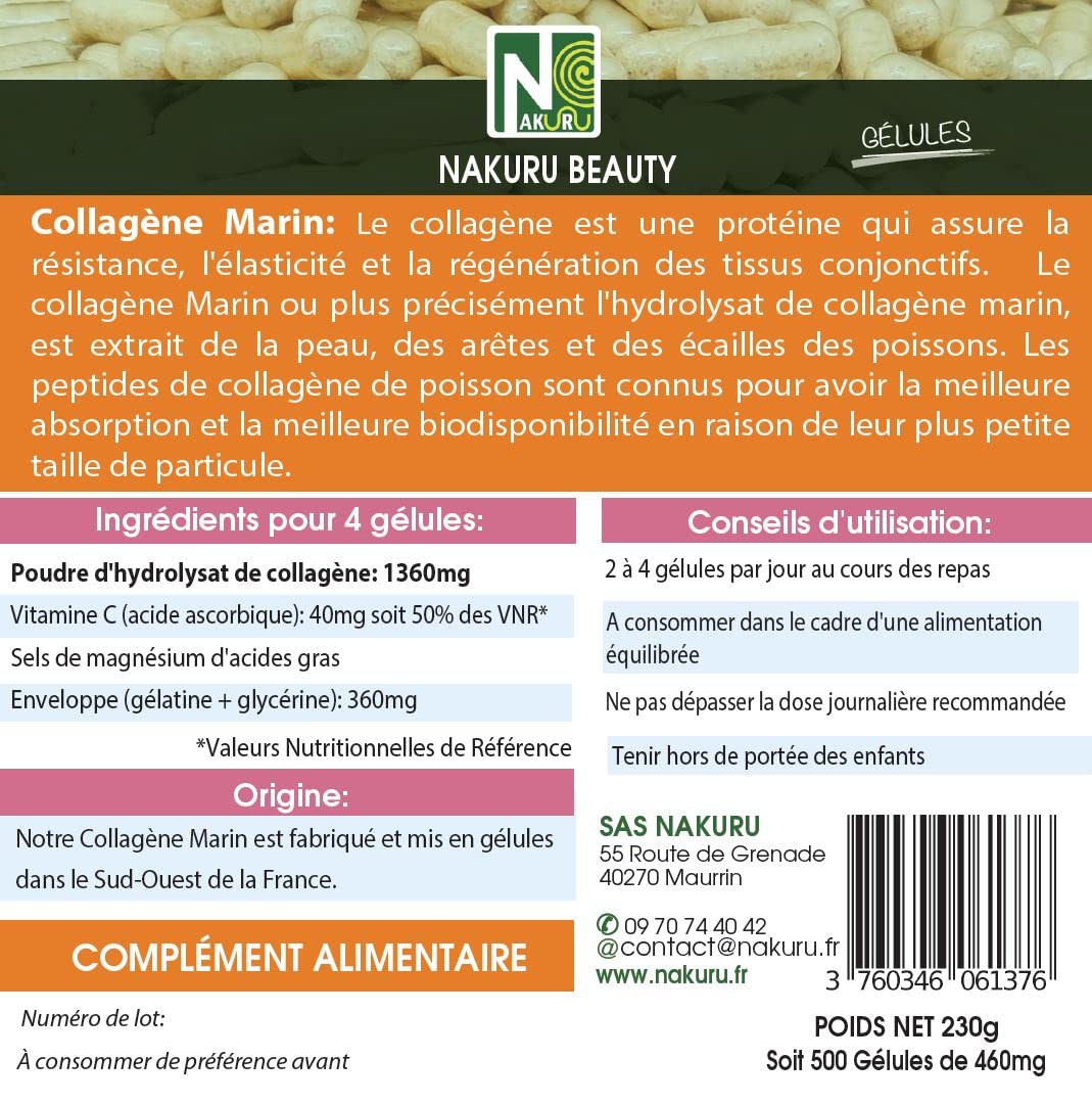 NAKURU | Collagène Marin | Gamme Beauty | Fabriqué en France | "Le Secret Anti-Âge !" | (500 Gélules de 460mg / Poids Net: 230g)