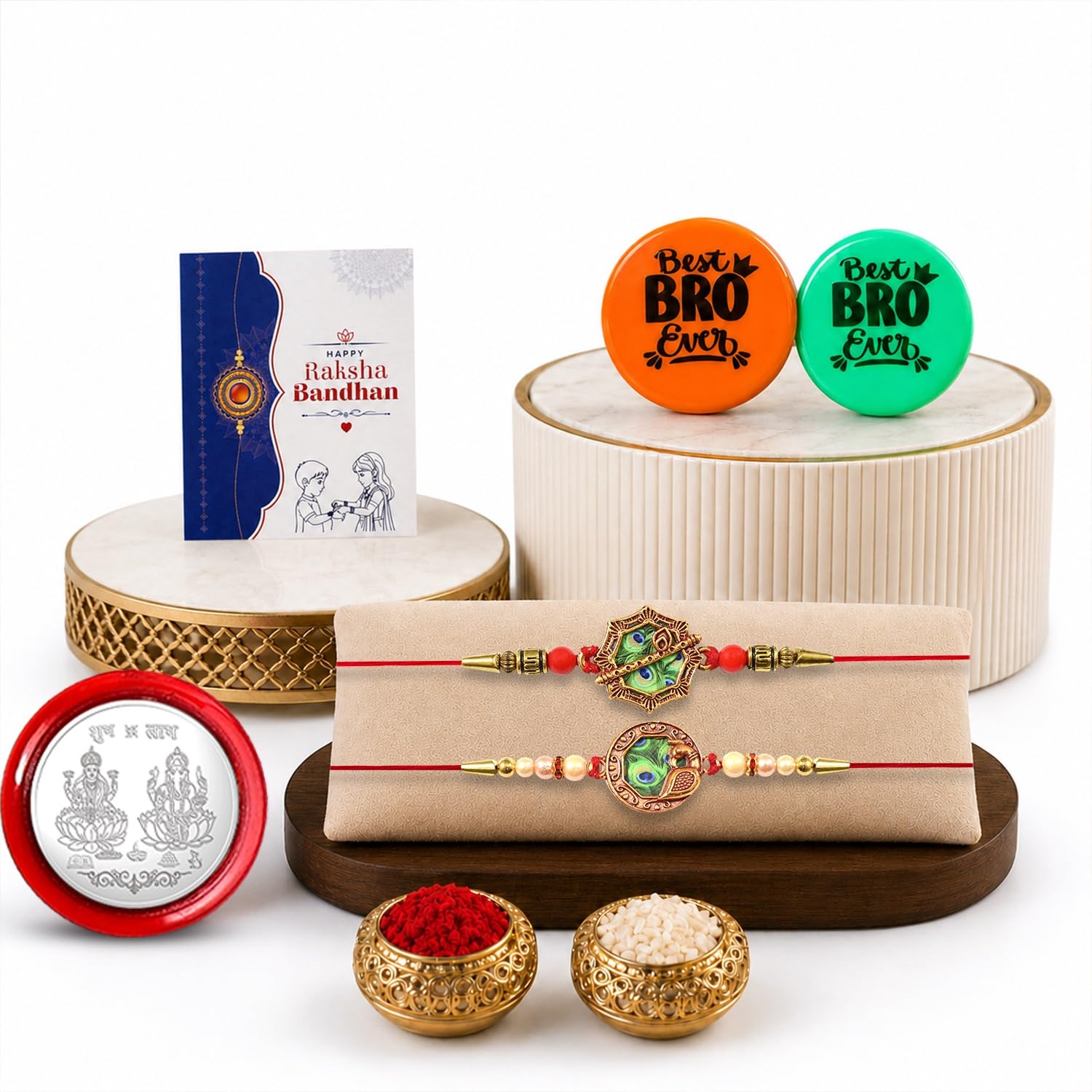 Oblivion Pooja Thali with Rakhi Set for Brother - Golden & Red Color Beaded Om Design Rakhi with Silver Color Pooja Coin and Greeting Card, Traditional Raksha Bandhan Celebration Gift Combo for Bhai-image-27