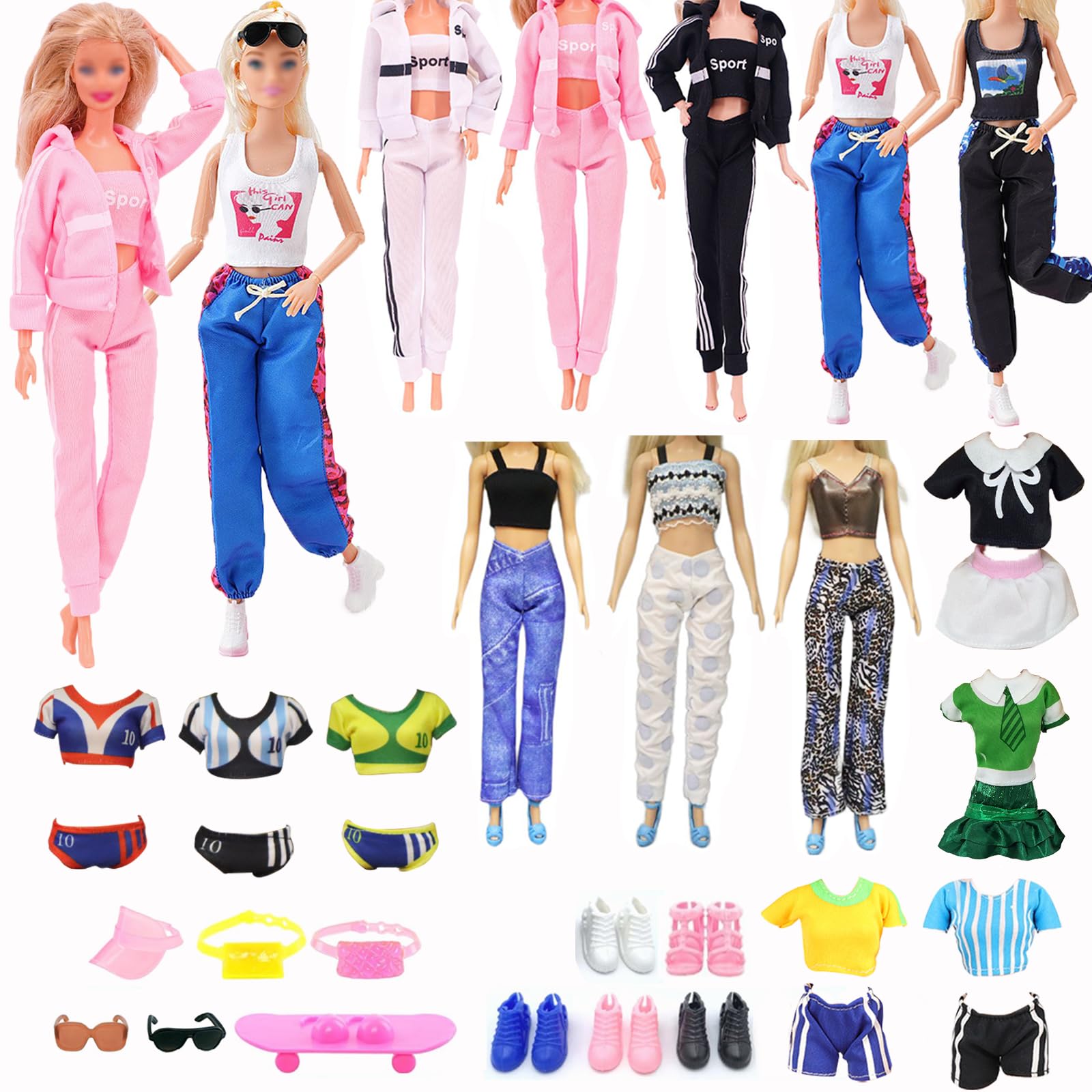 20Pcs Doll Clothes and Accessories, Doll Clothes Outfit 1 Sports Outfits 1 Tops Shorts 1 T-Shirt Skirt 3 Suspenders Pants 1 Vest Trousers 1 Football Uniform Shoes Hat for 11.5 inch Doll, Girl Gift