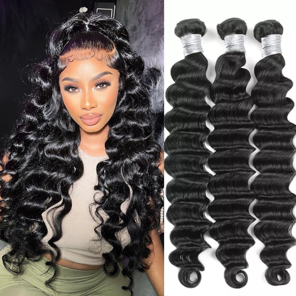 Loose Deep Wave Human Hair Bundles 20 22 24 Inches Hair Bundles 12A Grade 100% Unprocessed Brazilian Loose Deep Wave Bundles Human Hair Extensions Natural Black Color 3 Hair Bundles