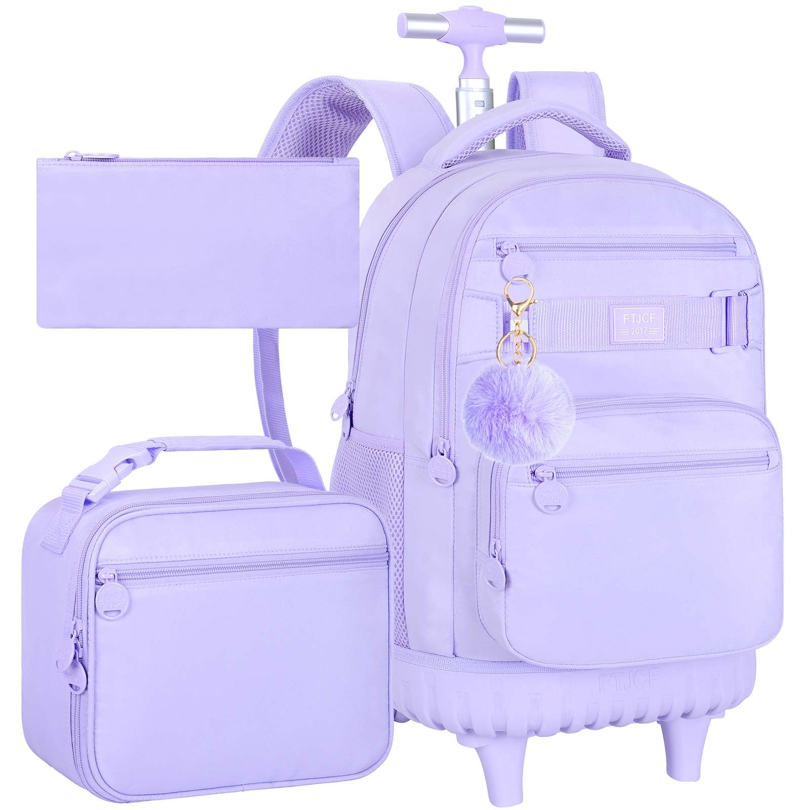 TXHVO 3Pcs Rolling Backpack for Girls Women, 19 Inche School Roller Backpacks with Wheels, Adults Wheeled Bookbag with Lunch Box(Purple)
