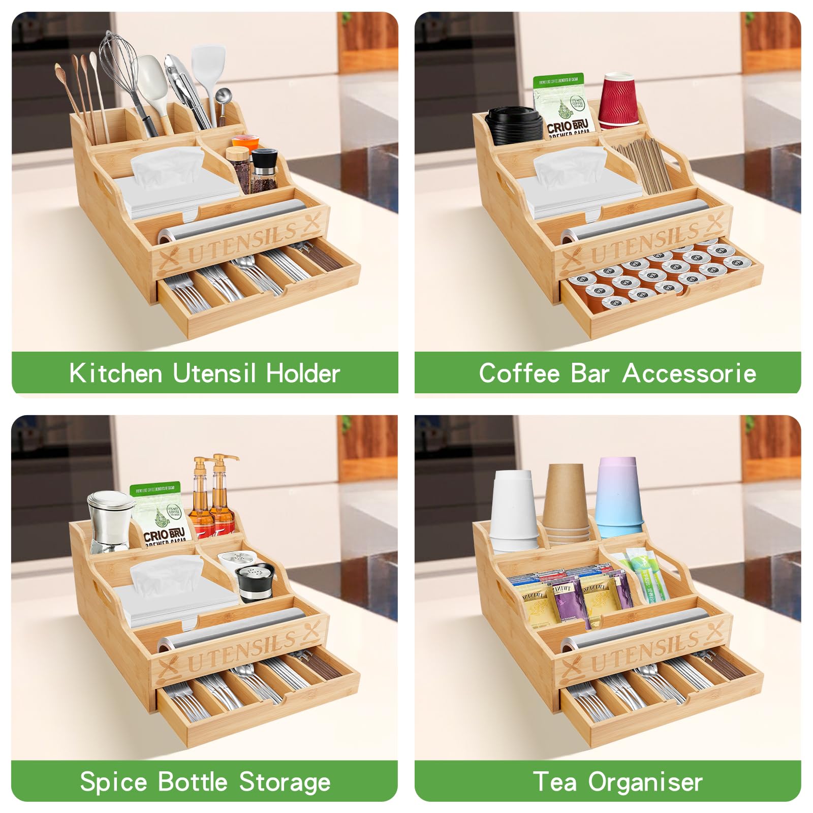 Soporte para utensilios de cocina con cajón, organizador de utensilios de bambú para encimera de cocina, organizador de cubiertos para servilletas, tenedores, cuchillos, platos, fiesta, barbacoa