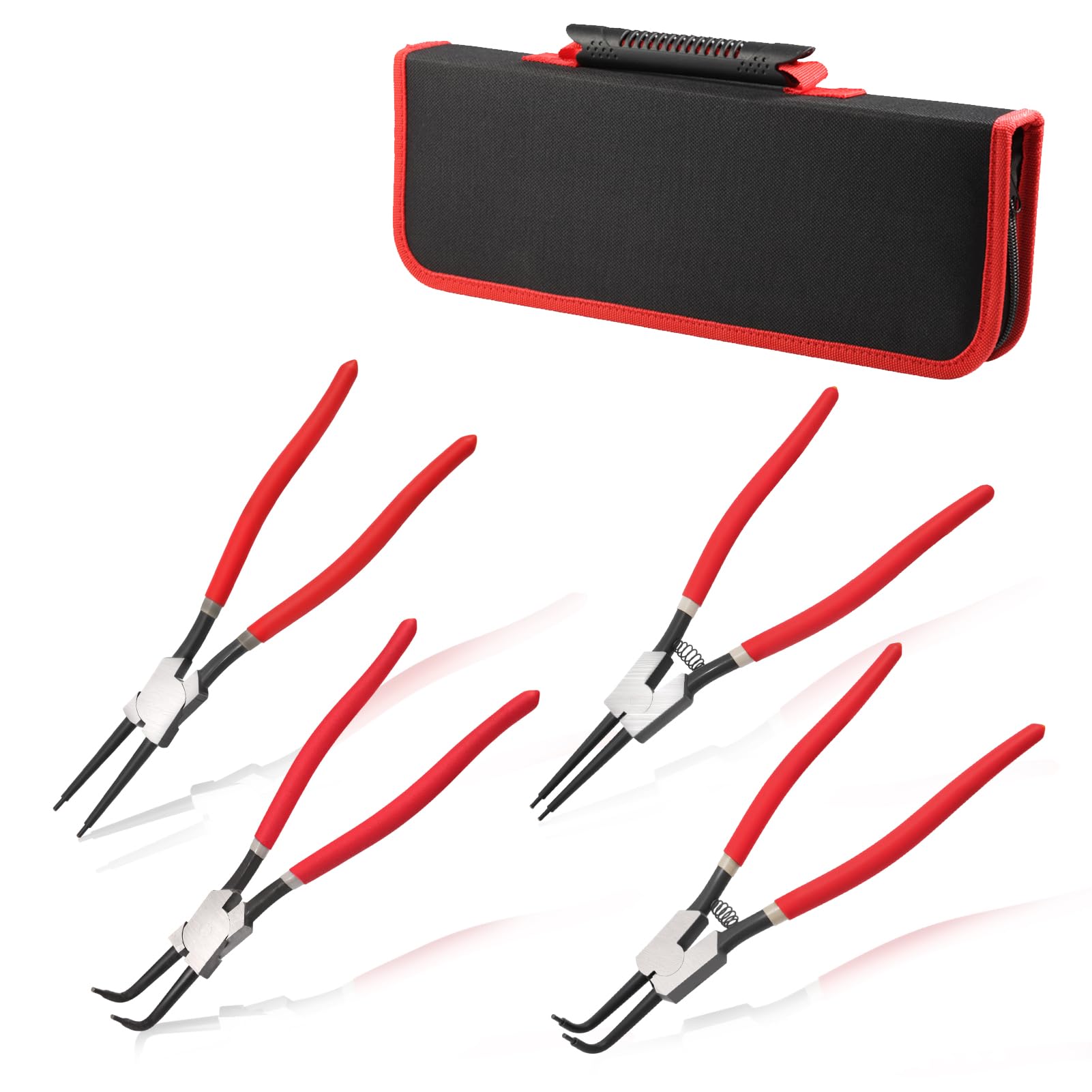 LEONTOOL 4pcs 13 pulgadas de servicio pesado interno y externo alicates con bolsa de almacenamiento de punta de mandíbula doblada recta, para instalar anillo de retención de extracción