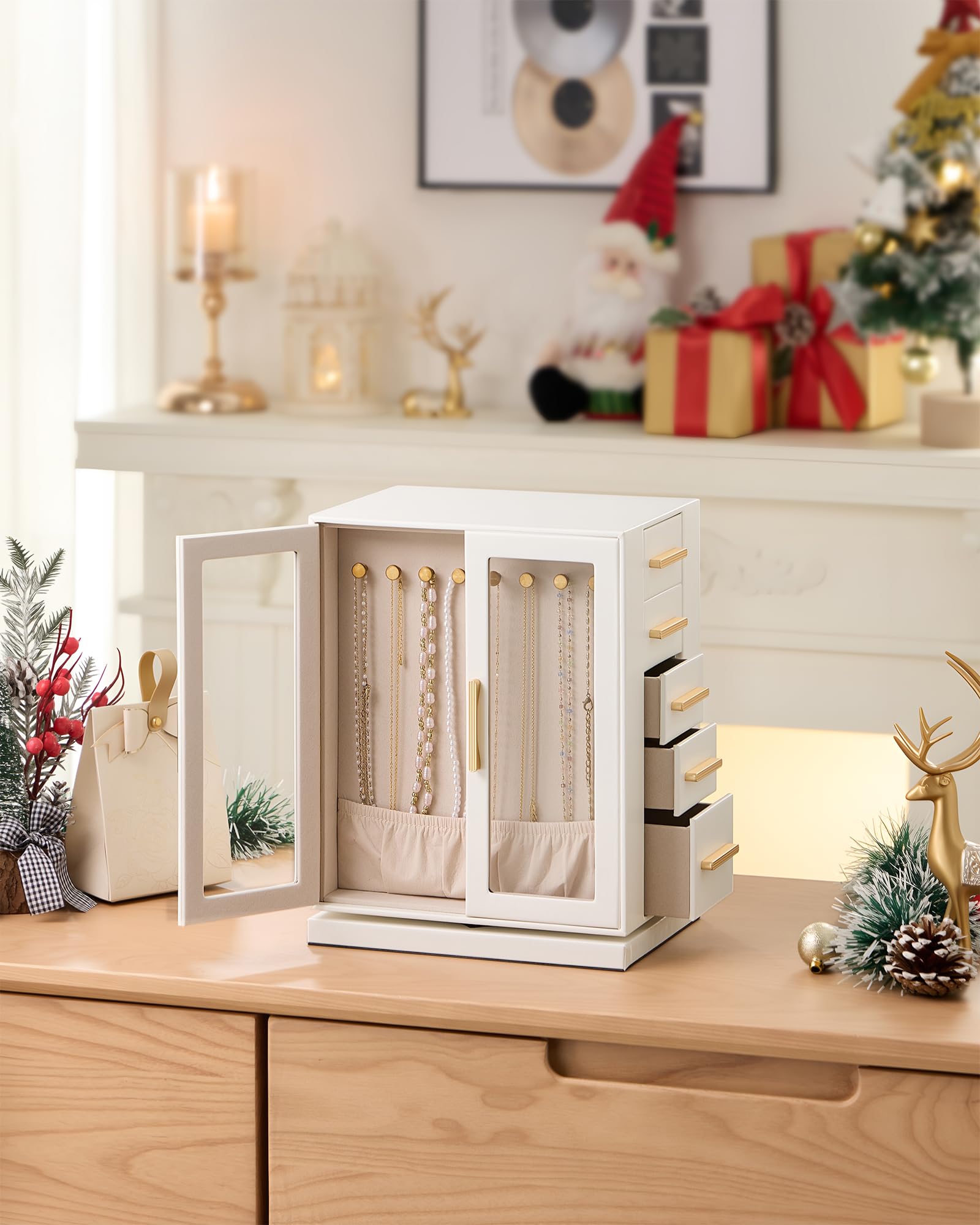 Lolalet Caja para Joyas, Estuche Grande Giratorio 360º con Ventana Transparente para Almacenar Pendientes Pulseras Collares Anillos -Blanco