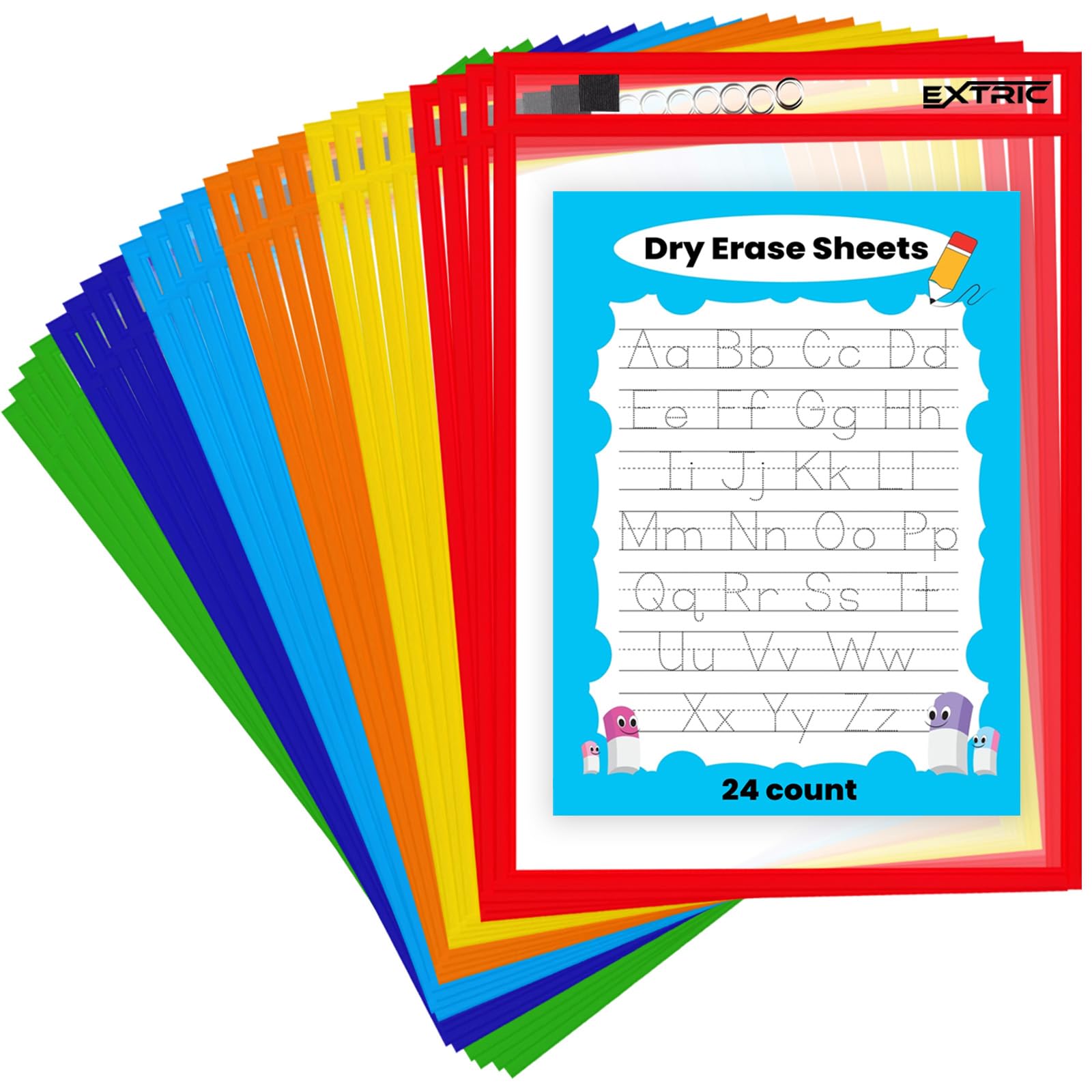 EXTRIC 24 Pack Dry-Erase Sheets, Clear Plastic Paper Sleeves, Assorted Color, 10x16 inches, 24 Pieces