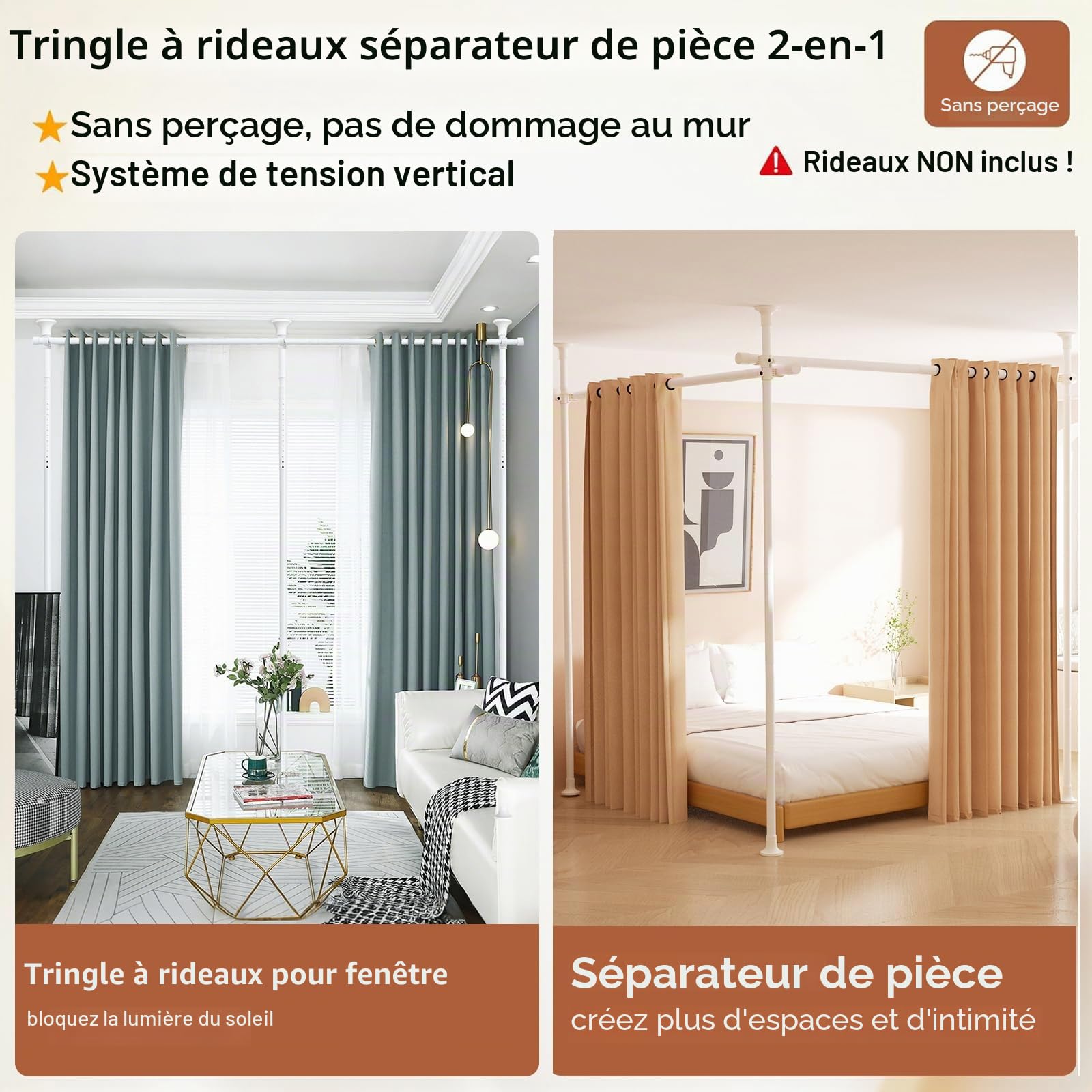 Tringle à rideaux sans perçage, 1,2 à 3 m (H) 71,1 à 289,6 cm (l) réglable et robuste – Séparateurs de pièce – Sans dommages pour cloison d'espace – Blanc