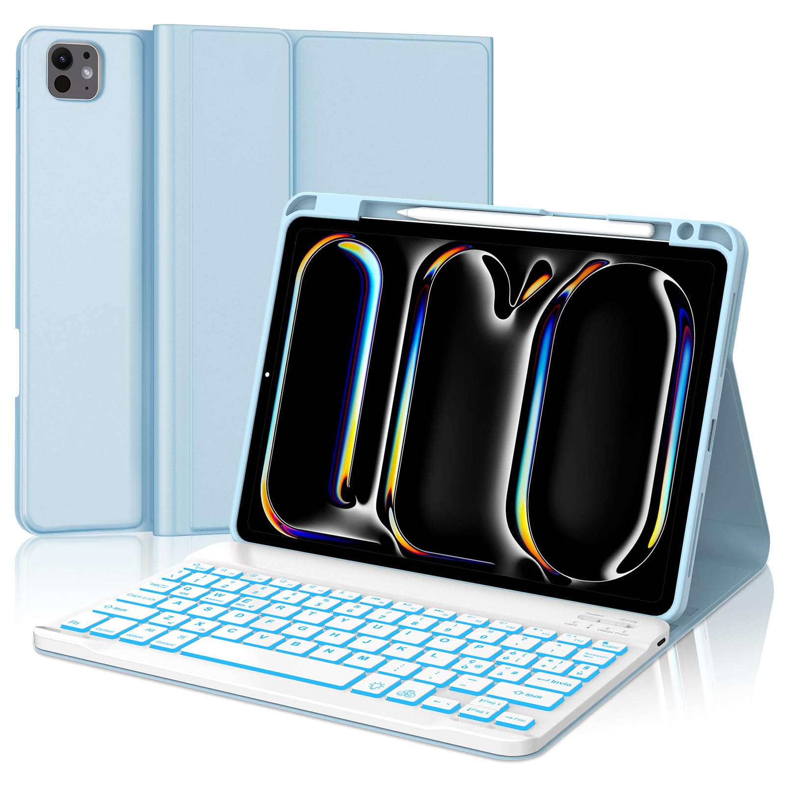 WINCHKING Custodia con Tastiera per iPad Pro 11" M5 2025/M4 2024, Cover Bluetooth Magnetica QWERTY Italiano Retroilluminata Tastiera per iPad Pro 11 Pollici (M5/M4, 2025/2024), Azzurro