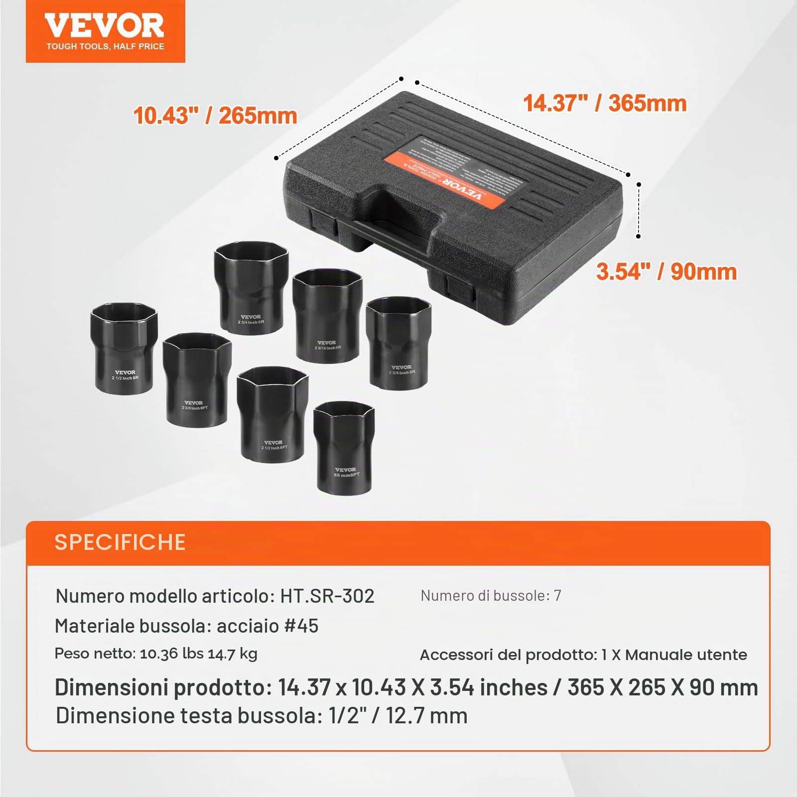 VEVOR Set di Bussole per Dadi di Bloccaggio Cuscinetti Ruota, Attacco da 12,7 mm Chiavi a Bussola SAE e Metriche a 6 Punte con Custodia per Rimuovere Installare Dadi di Bloccaggio dei Cuscinetti Ruota