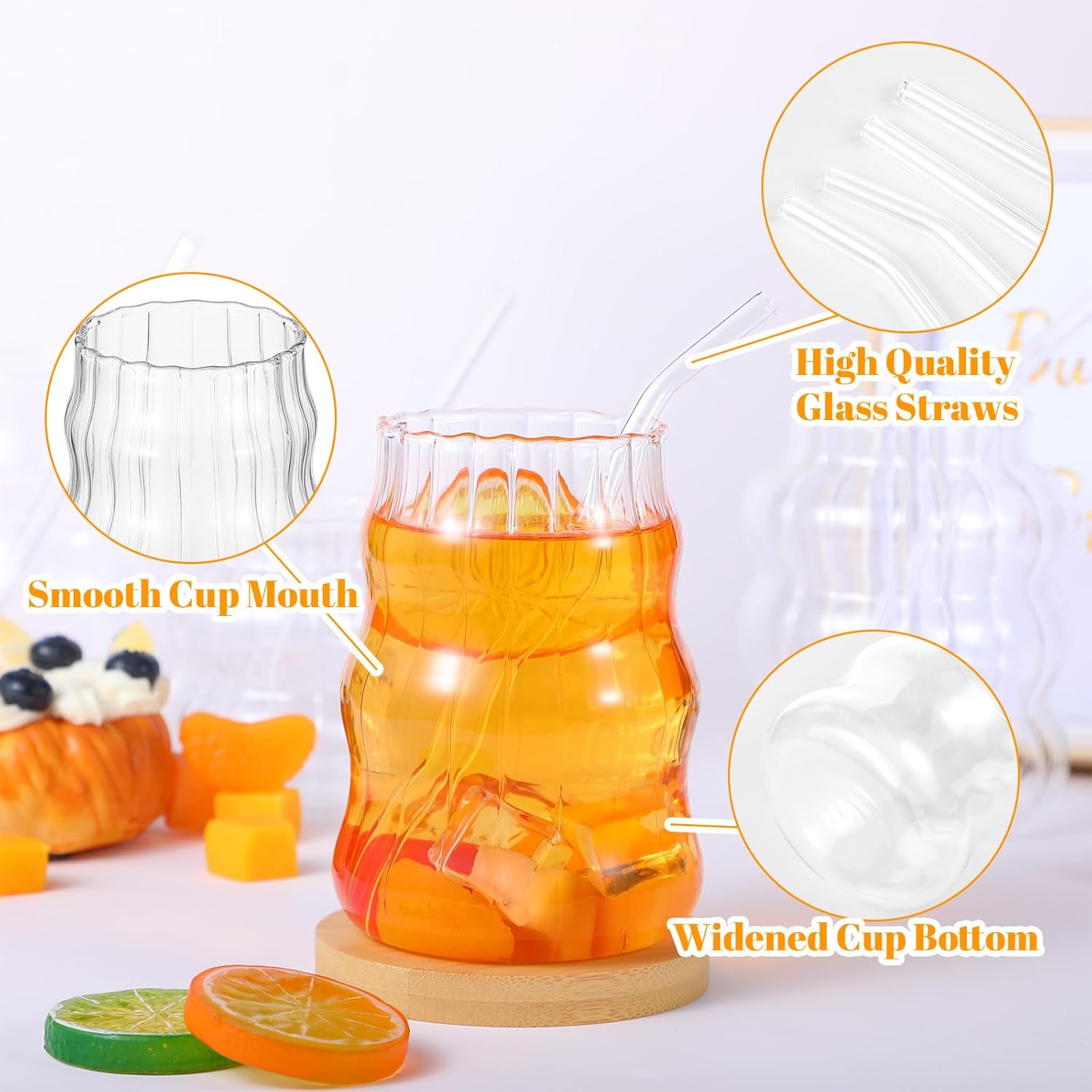 MAQUITA 4 Pcs Ribbed Glass Cups with Glass Straw, Vintage Drinking Glassware with Wave Shape Design, Bubble Cups for Iced Coffee, Juice, Beverage, Milk, Cocktails, Bubble Tea, and More - Image 4