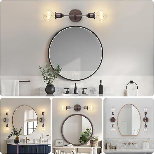Miniatura 7 de Eidonta Lámpara de tocador de 2 luces, aplique de pared de baño de granja, lámpara de pared industrial de bronce aceitado para baño, lámpara de
