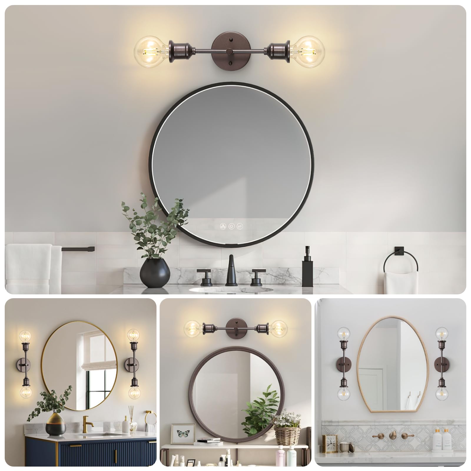 Eidonta 2-Light Vanity Light Fixture, Farmhouse Bathroom Wall Sconce Lighting Fixture, Oil Rubbed Bronze Industrial Wall Light for Bathroom Over Mirror, E26 Base Wall Lamp (Bulb Not Included)