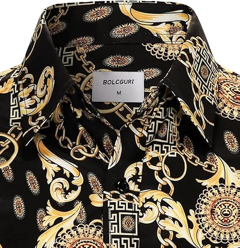 Miniatura 3 de Bolcguri Camisas de vestir de cadena Buchona de color negro y dorado para hombre, con estampado barroco de lujo, manga larga, con botones, camisa