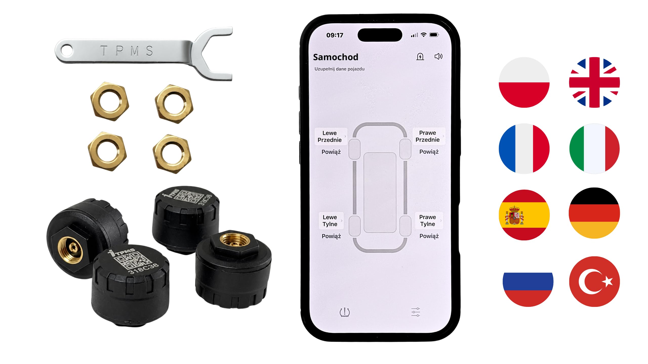 UNIWERSALNE 4 Czujniki TPMS do samochodu osobowego, SUV-a, auta 4x4, vana, pick-upa i kampera – bezprzewodowy monitoring ciśnienia i temperatury opon przez Bluetooth