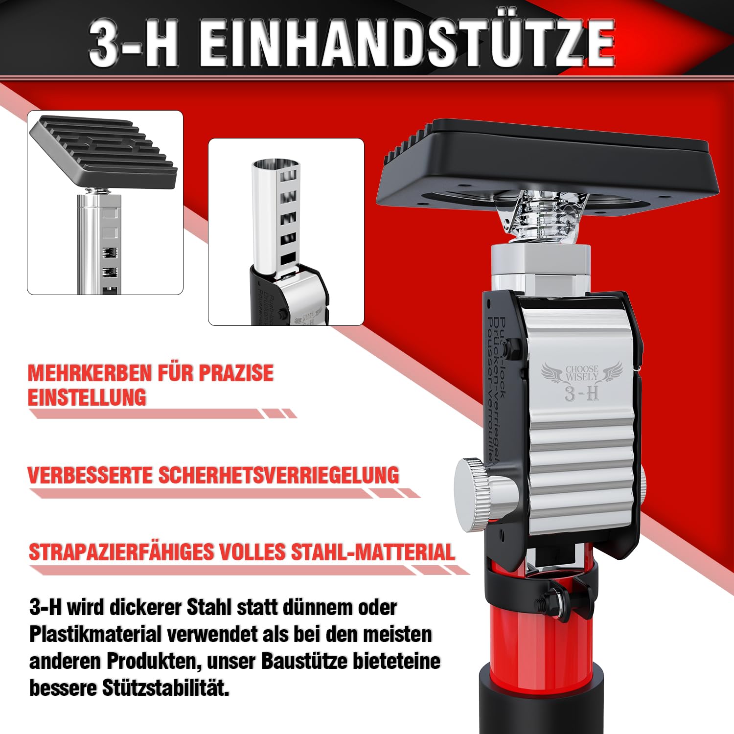 3-H 2X Ladungssicherung Transportsicherung Klemmstange Teleskopstützen 110-195cm,Montagestütze Teleskopstange Klemmbalken Ausziehbar Spannstange für SUV PKW Wagen Pickup Limousine,Stahl Baustütze,Rot