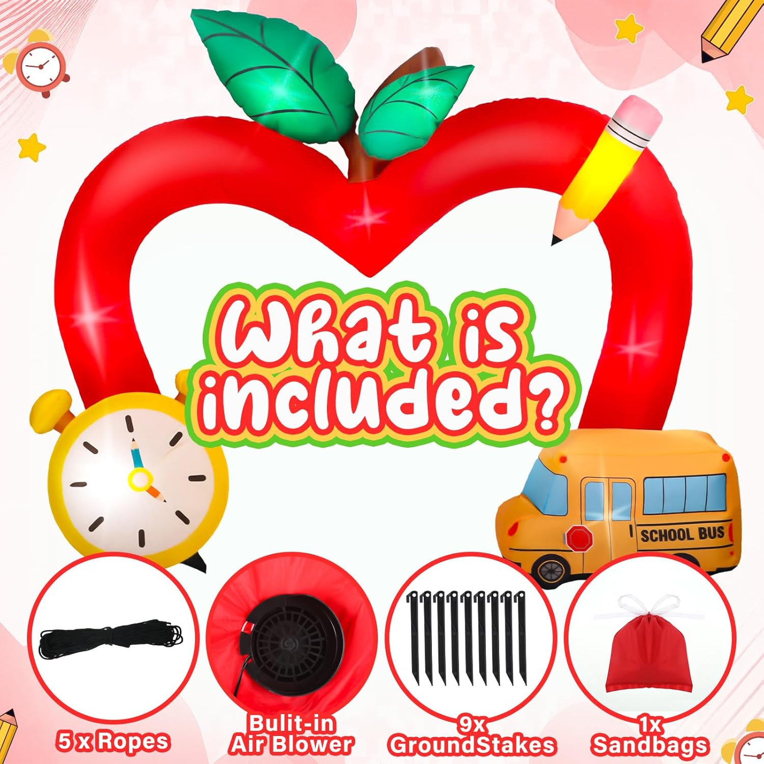 Leyndo 8ft Kindergarten Graduation Apple Inflatable Arch with 4 LED Lights 2026 Back to School Blow up Archway Alarm Clock Bus Decorations for First Day of School Preschool Party Indoor Outdoor Decor