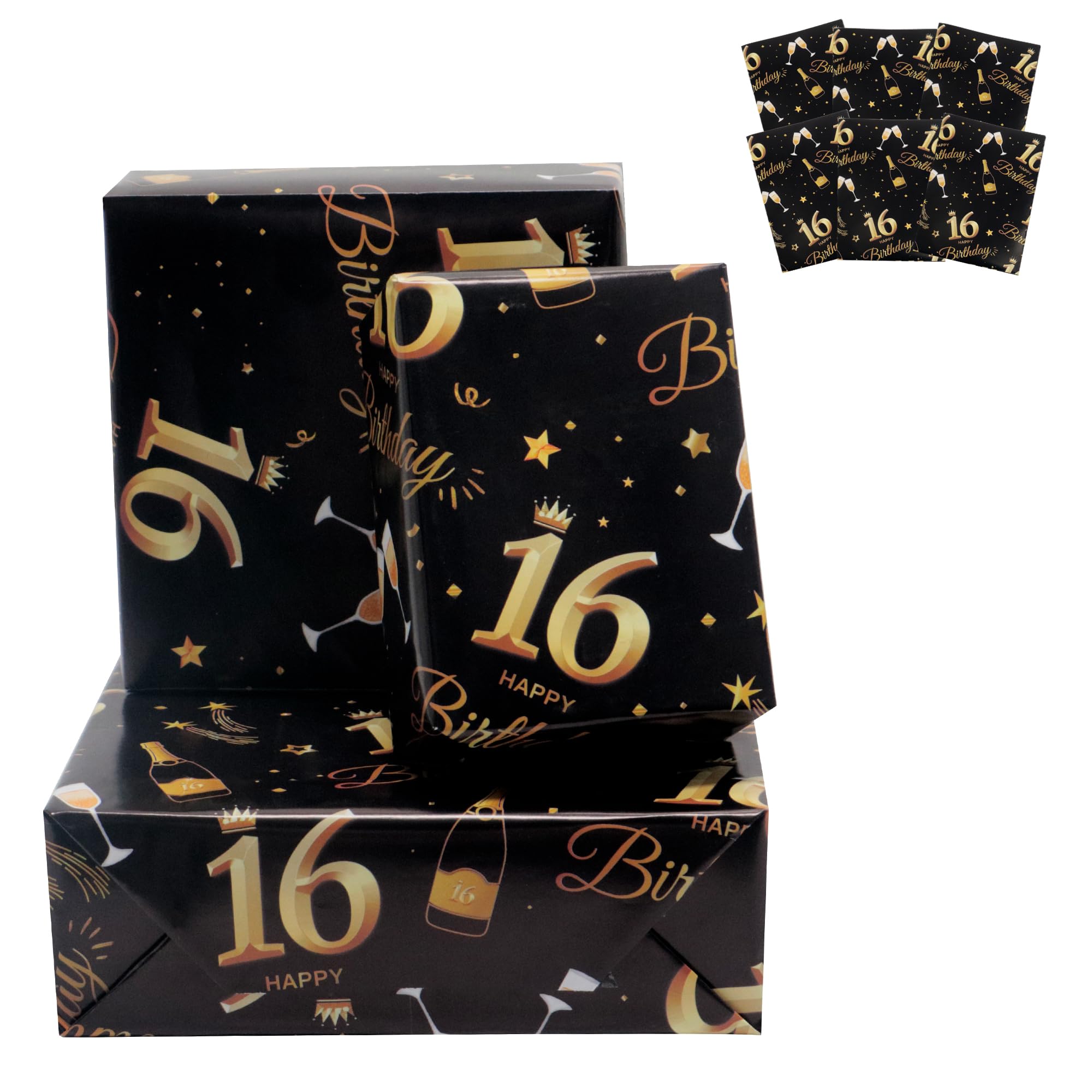6 Sheets 16th Birthday Wrapping Paper, 70x50cm Black and Gold Happy Birthday Wrapping Paper, 16th Birthday Gifts Decorations for Boys & Girls, Recyclable - 16th