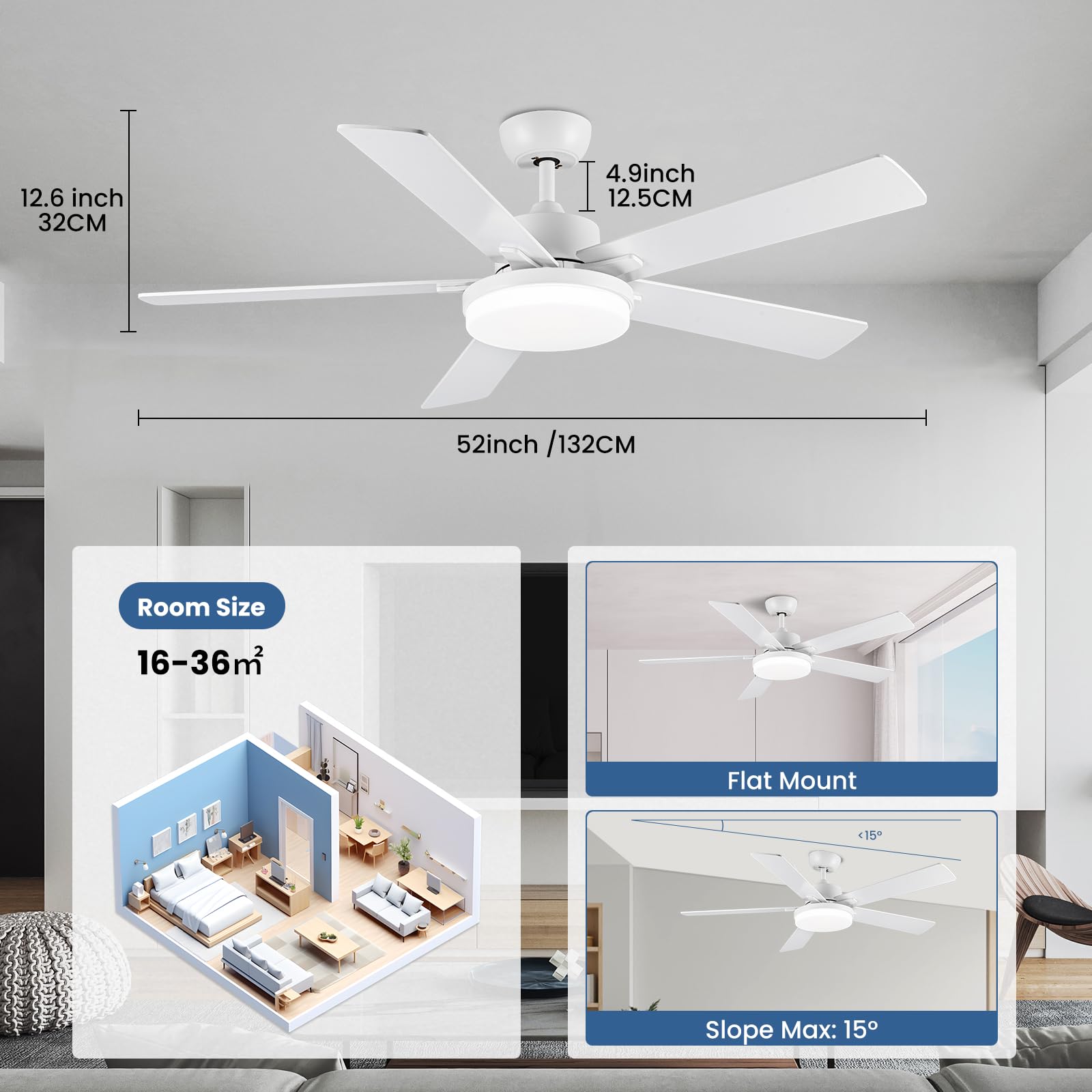 Newday 132cm Ventilatore da Soffitto Bianco, Ventilatore da Soffitto con Luce e Telecomando Réversible, 5 Pale da Soffitto con Luce Dimmerabile, per Soggiorno Camera da Letto Cucina Terrazza
