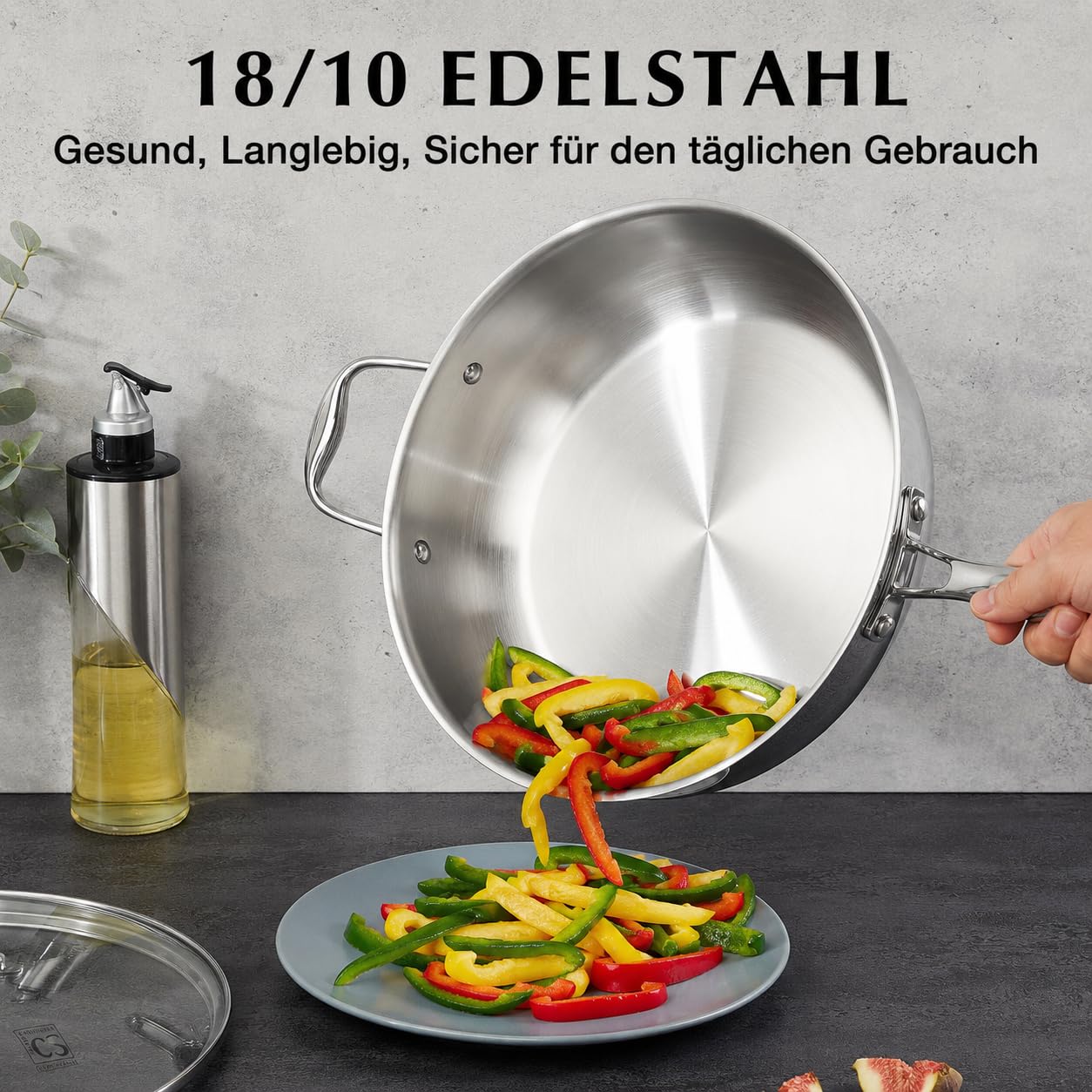 KOCH SYSTEME CS Edelstahl-Sauteuse mit Deckel 30 cm, tiefe Bratpfanne mit 3-Lagige Edelstahlpfanne, 18/10 Edelstahl-Kochfläche, zwei Griffe, induktionsgeeignet, backofen- und spülmaschinengeeignet