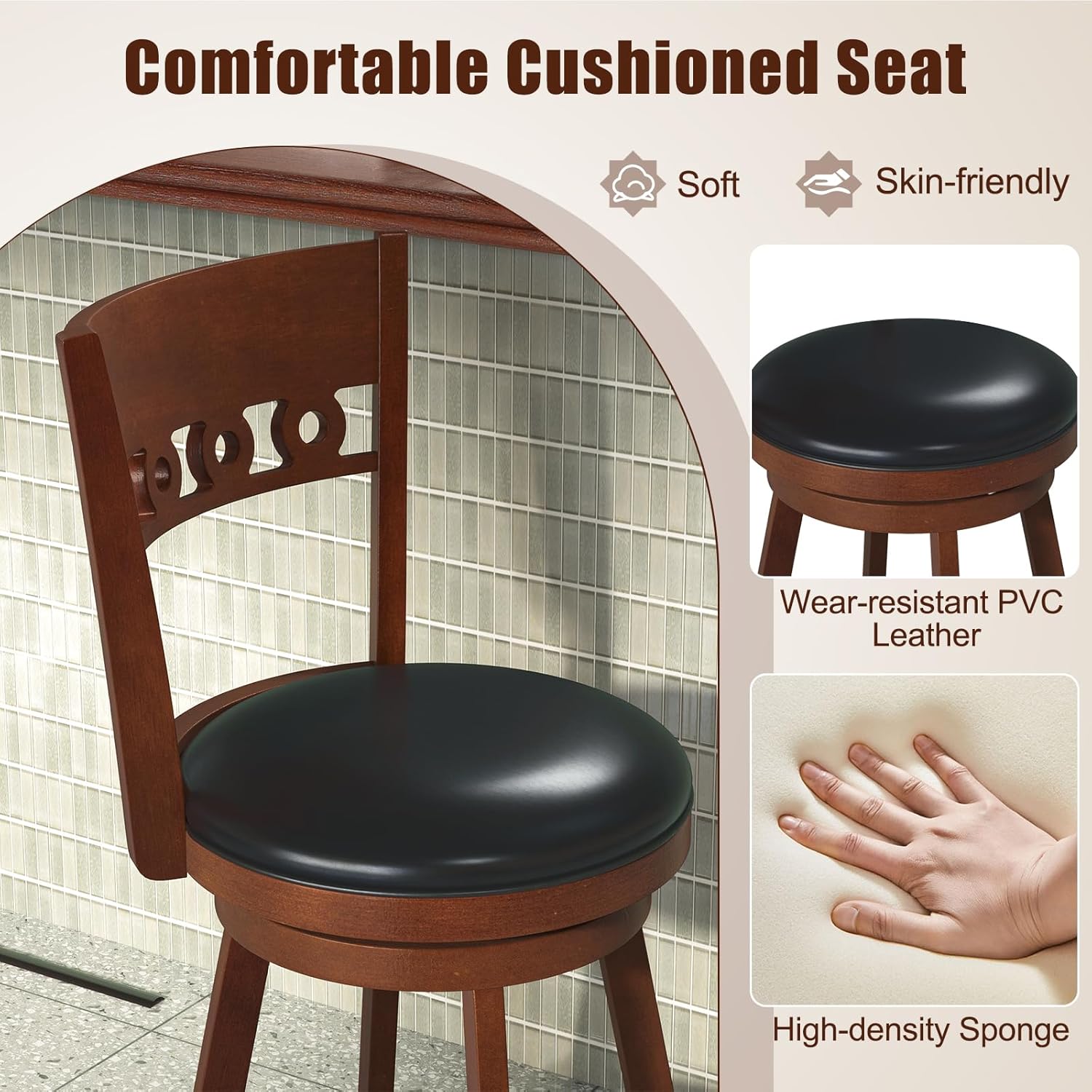 COSTWAY Bar Stools Set of 4, 30.5” Bar Height Bar stools with Solid Wood Legs, Cushioned Seat, Footrest, for Home, Kitchen Island, Bar (4, 30.5'' Seat Height)