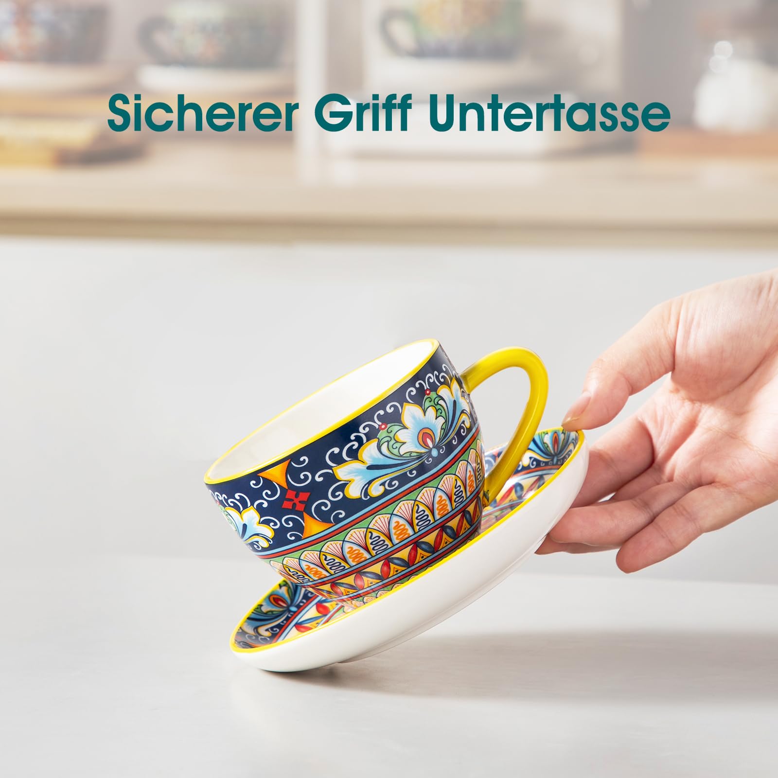 vancasso SIMI Cappuccino Tassen mit Untertassen 6er Set - 240 ml - Kaffeetassen aus Bunt Porzellan, Geschirr Tasse Becher für 6 Personen, Mikrowellengeeignet, Böhmischer Stil