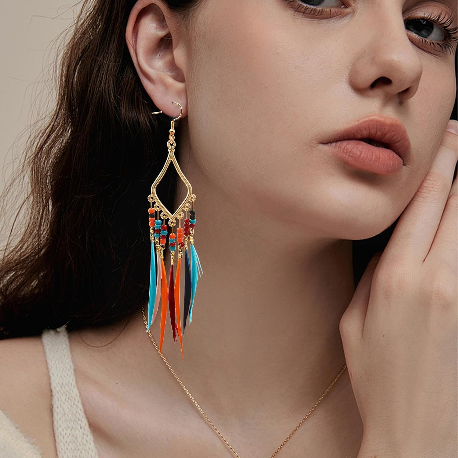 3 Pairs Bohemian Earrings for Women Long Beaded Feather Tassel Dangle Earrings Retro Multicolor Fringe Drop Earrings with Seed Beads Handmade Statement Jewelry Gift Set - Image 5