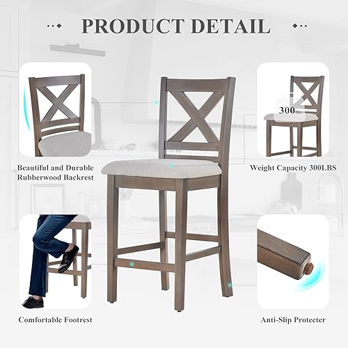 Miniatura 6 de COLAMY Juego de 2 taburetes de bar de madera, taburetes de bar de altura de mostrador, taburetes de bar modernos de mediados de siglo con respaldo,