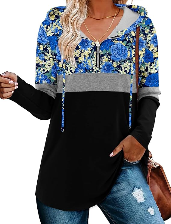 BETTE BOUTIK Womens Quarter Zip Tunic Hoodies Pullover Long Hooded Sweatshirts S-3XL