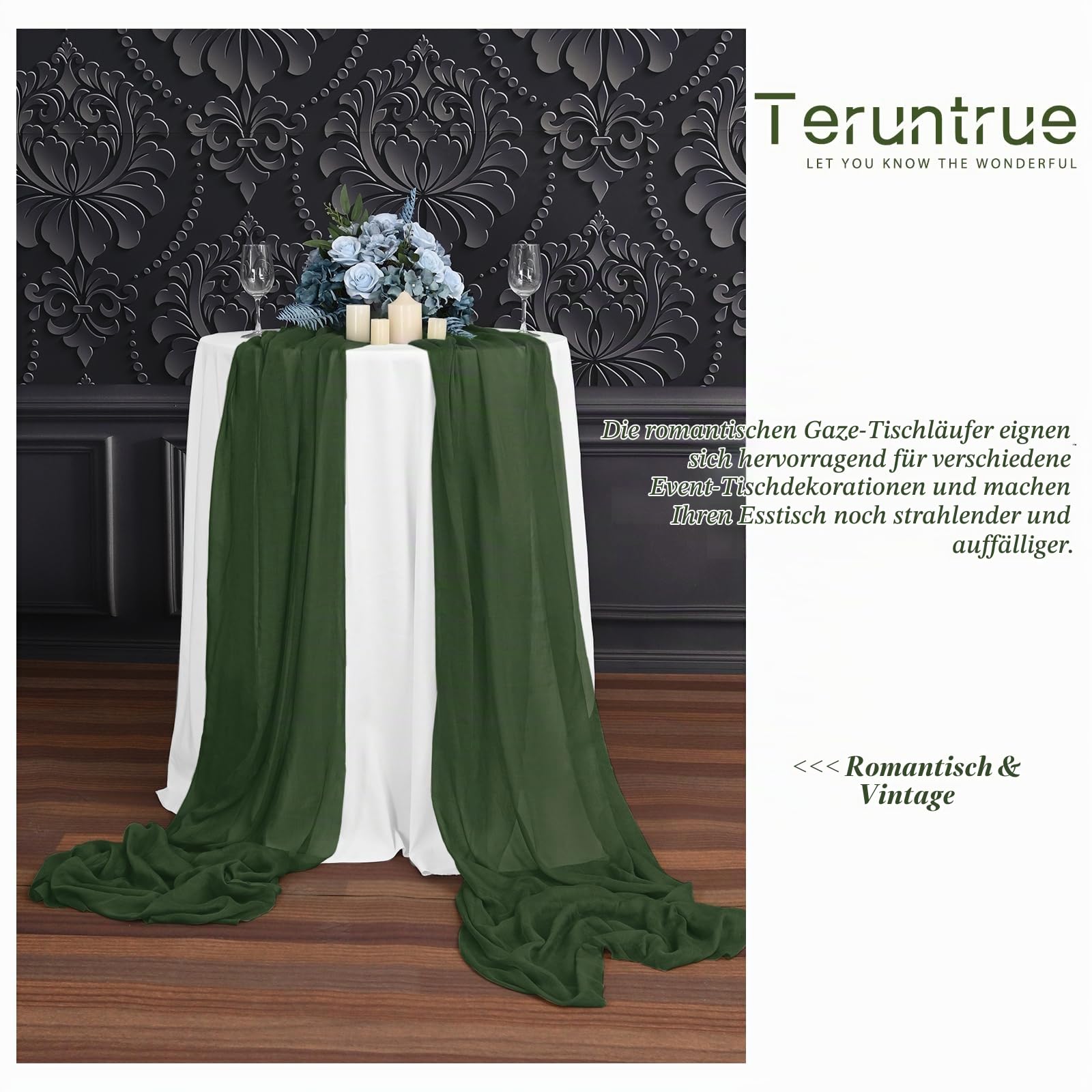 Teruntrue 12 Stück Tischläufer Jägergrün 55x300 cm Neuer Natürlicher Weichlook Bohemian-Gaze-Käsetuch-Tischläufer für Hochzeit, Party, Babyfeier, Brautshower, Geburtstag-Dekorationen